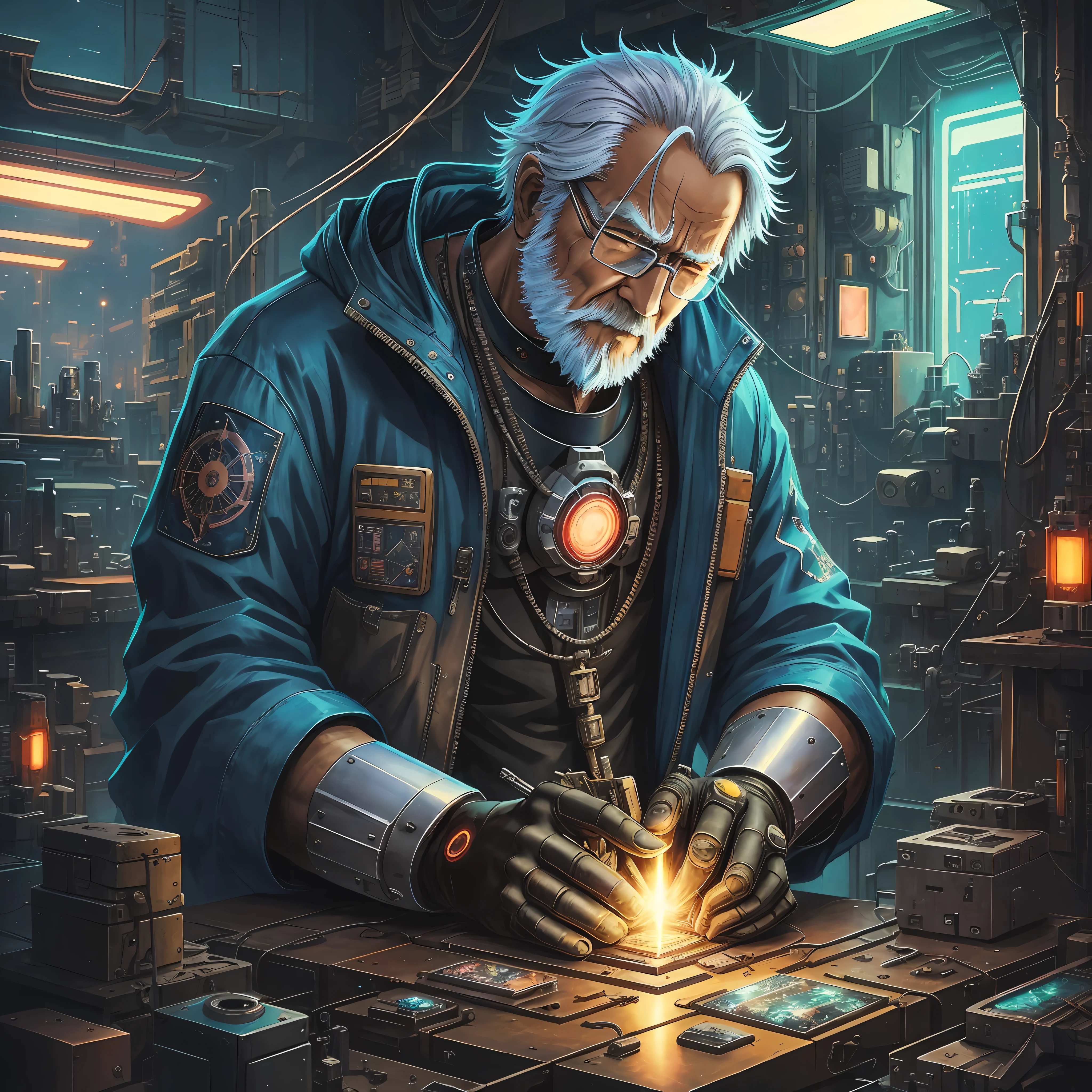 Cyberpunk, anime, masterpiece, high detail, high quality, an old man in a cyberpunk-style workshop, he is the only mecha maker in this outer ring galaxy, by Manhwa --niji 5 --auto --s2