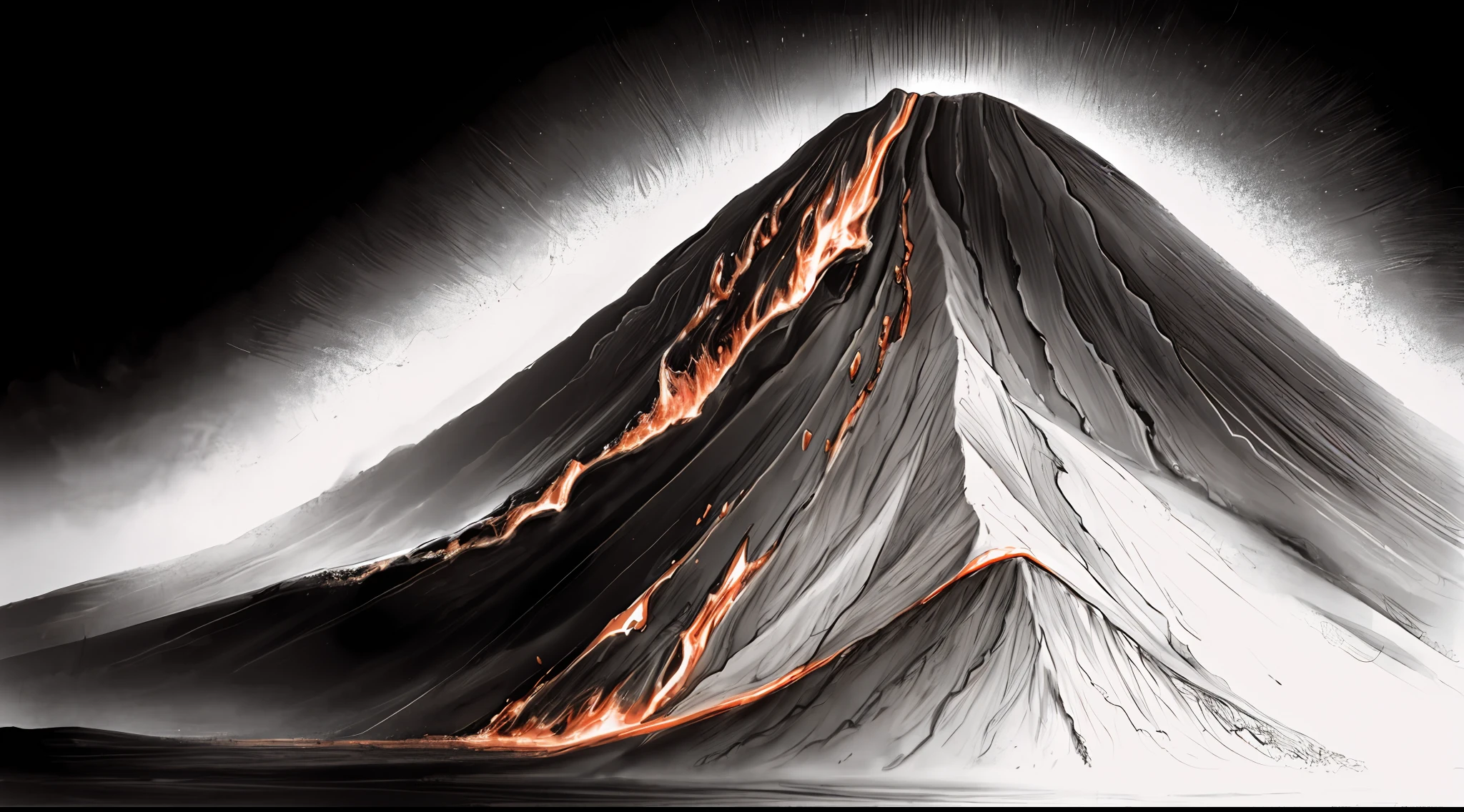 drawing of a lanscape mountain, lava, hell,, sketch