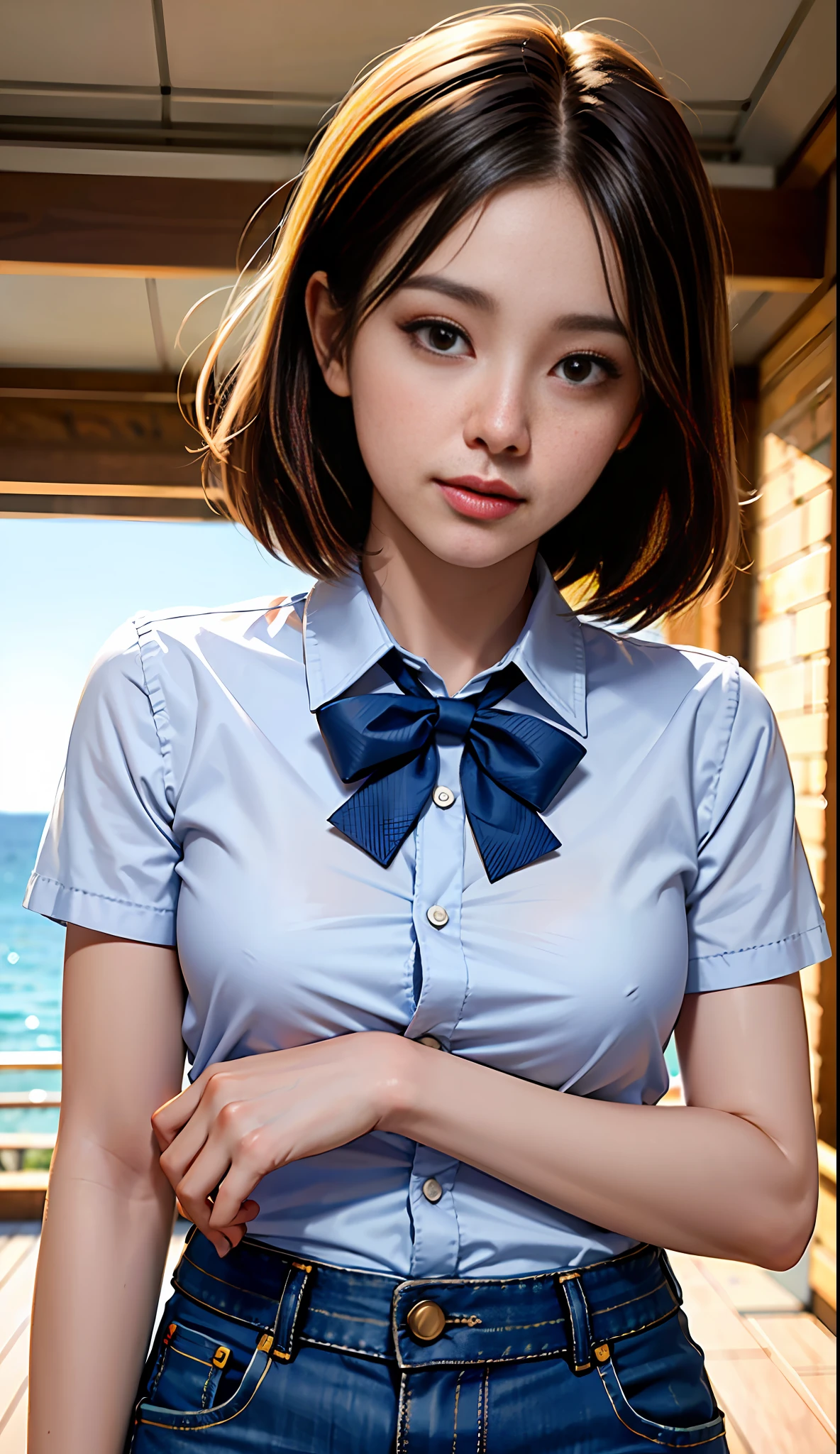 (8k, RAW photo, best quality, masterpiece: 1.2), (realistic, photorealistic photo: 1.37), ultra-detailed,
1 Girl, Cute, Solo, Beautiful Detailed Sky, (Detailed Ruins), Evening, (Nose Blush), (Seductive Smile: 1.1), (Shut Up), Room, Broken Truck, Professional Lighting, Sony A7R4, Zessie 50mm F1.8, Blurred Background, Beautiful Detailed Eyes, (Collared Shirt: 1.1), Bow Tie, Denim Shorts, (Wound Bandage), Oil Stain, (Short Hair: 1.2), Floating Hair Mix