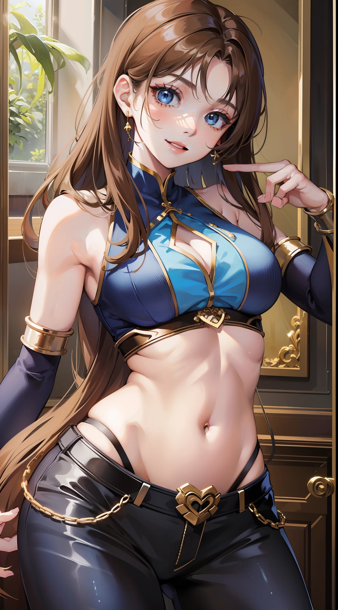 Young girl, long brown hair, blue eyes, blue top, sleeveless, open arms, open belly, chest neckline, pants, smile, masterpiece, high quality