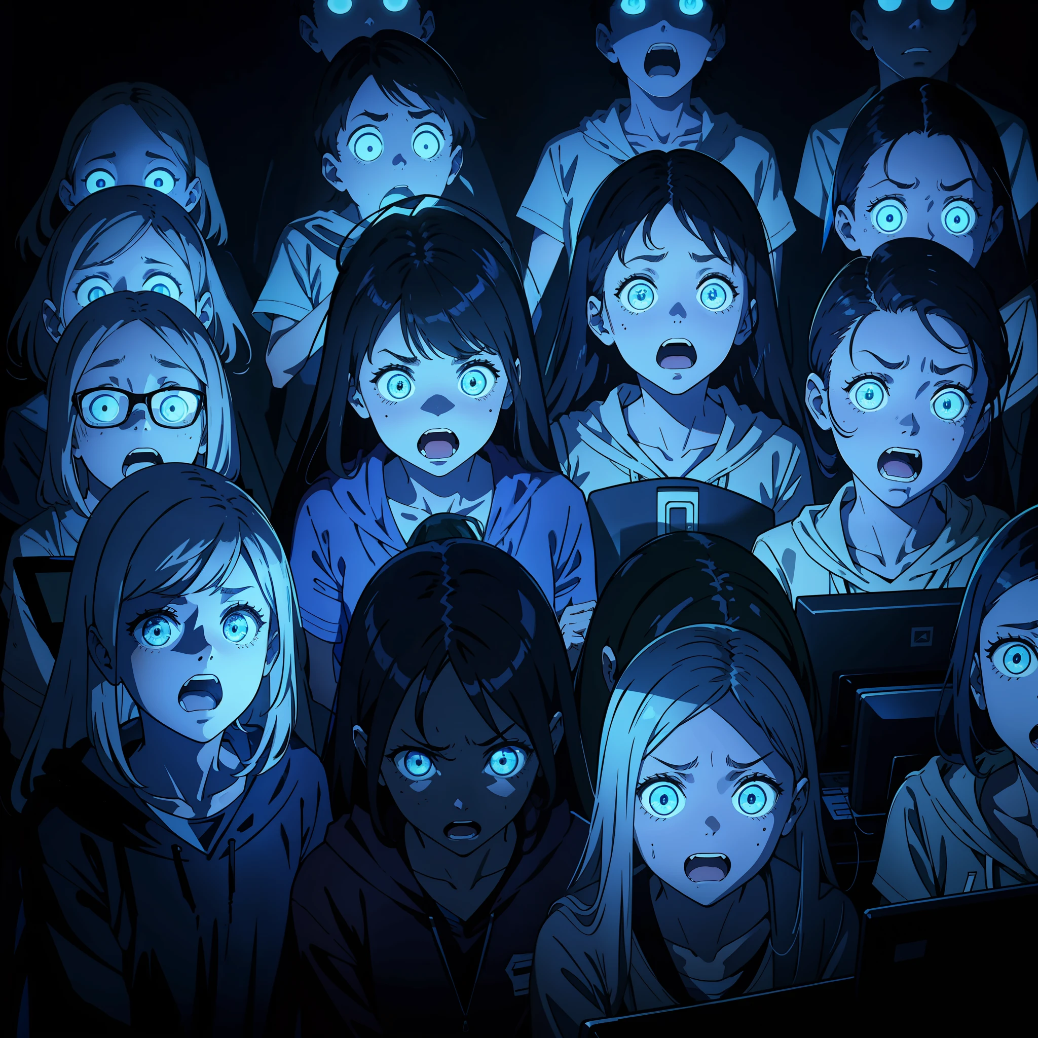 A group of people stood in front of a computer screen with scared expressions, all over