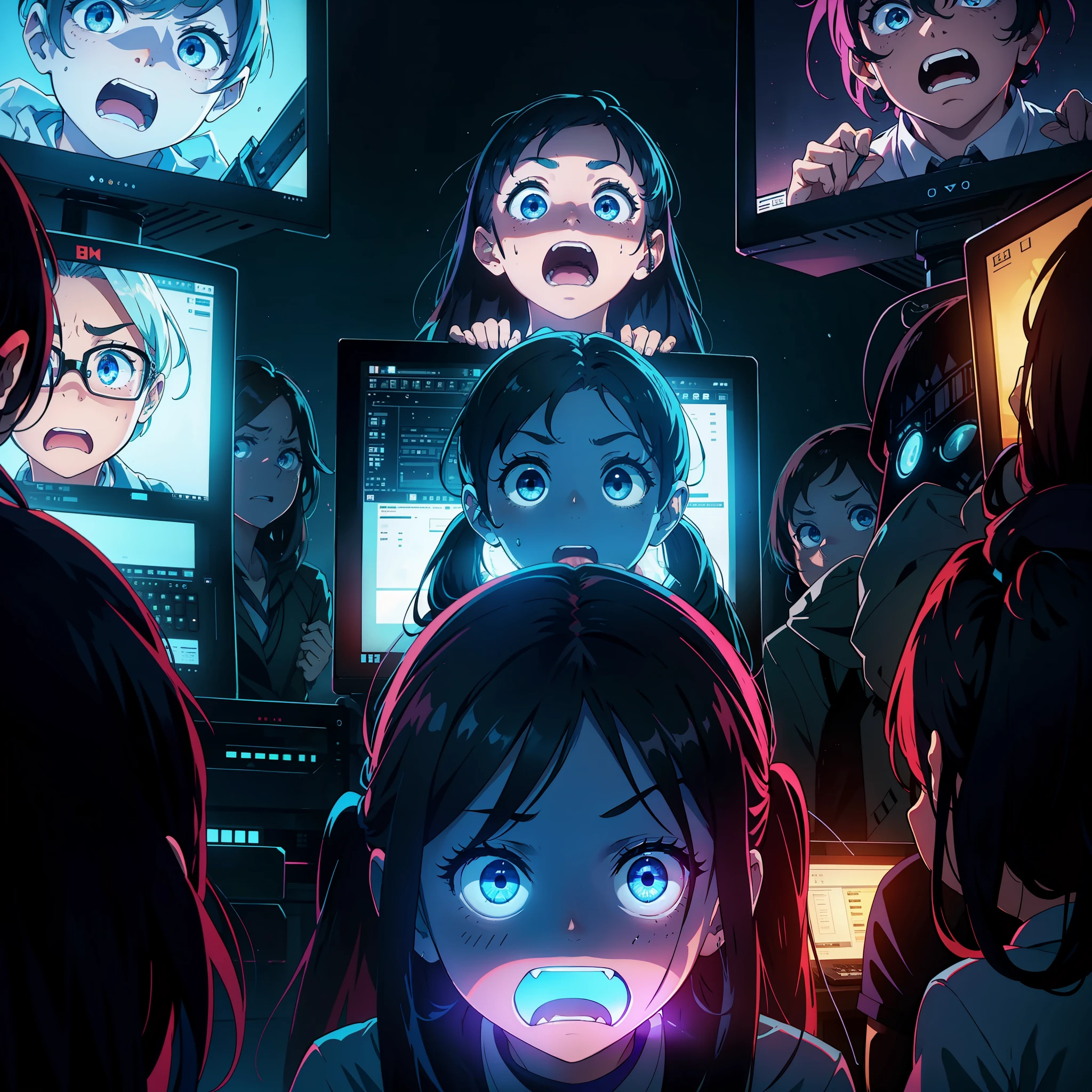 A group of people stood in front of a computer screen with scared expressions, all over