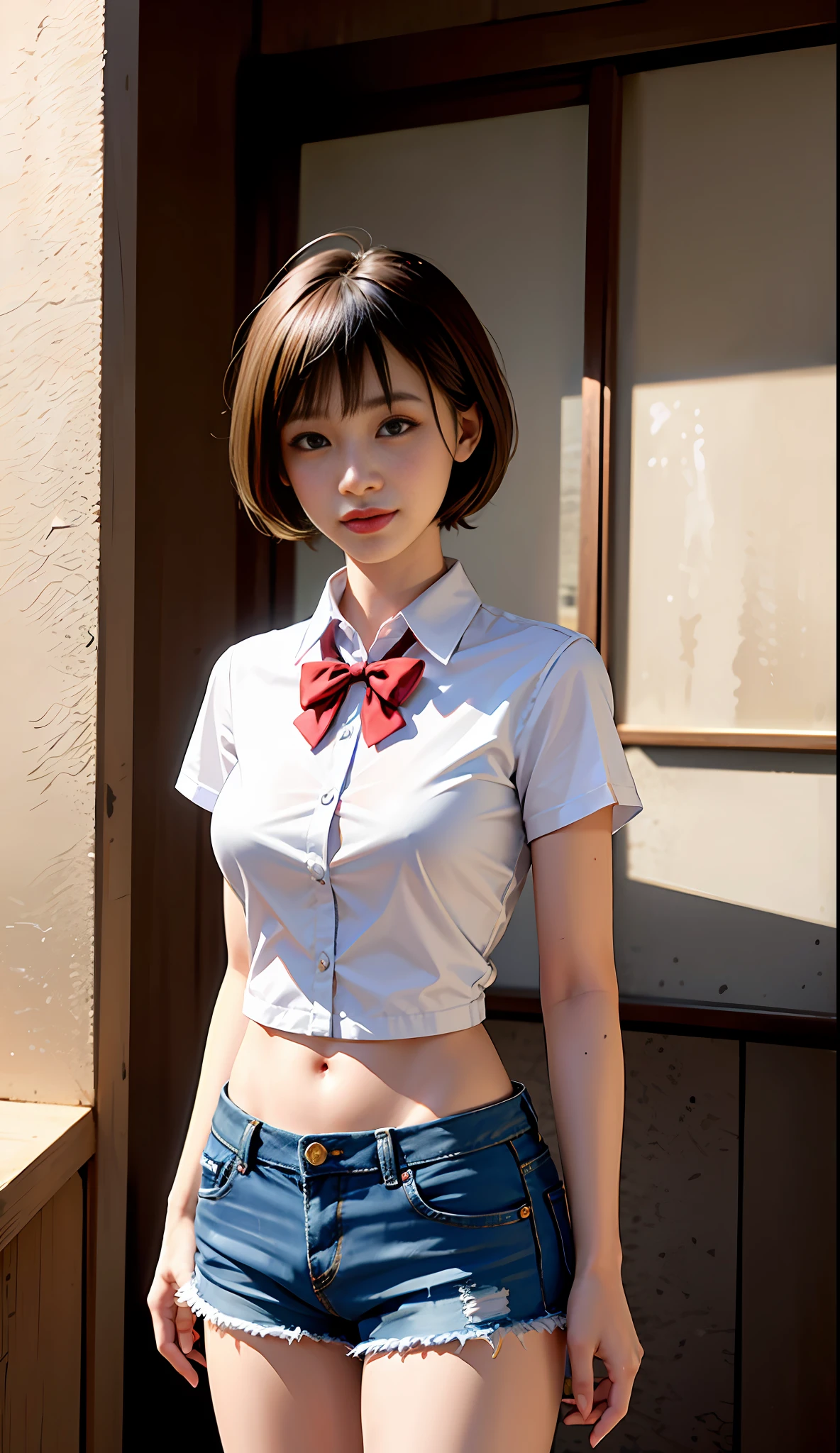 (8k, RAW photo, best quality, masterpiece: 1.2), (realistic, photorealistic photo: 1.37), ultra-detailed,
1 Girl, Cute, Solo, Beautiful Detailed Sky, (Detailed Ruins), Evening, (Nose Blush), (Seductive Smile: 1.1), (Shut Up), Room, Broken Truck, Professional Lighting, Sony A7R4, Zessie 50mm F1.8, Blurred Background, Beautiful Detailed Eyes, (Collared Shirt: 1.1), Bow Tie, Denim Shorts, (Wound Bandage), Oil Stain, (Short Hair: 1.2), Floating Hair Mix
