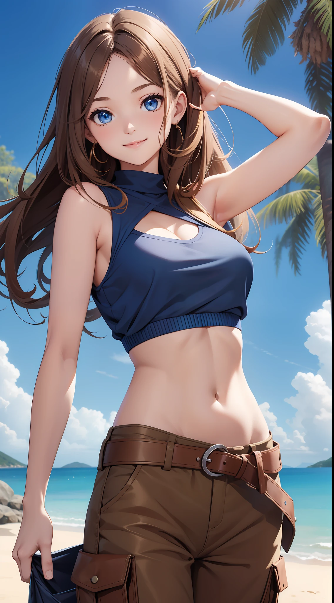 Young girl, long brown hair, blue eyes, blue top, sleeveless, open arms, open belly, chest neckline, pants, smile, masterpiece, high quality