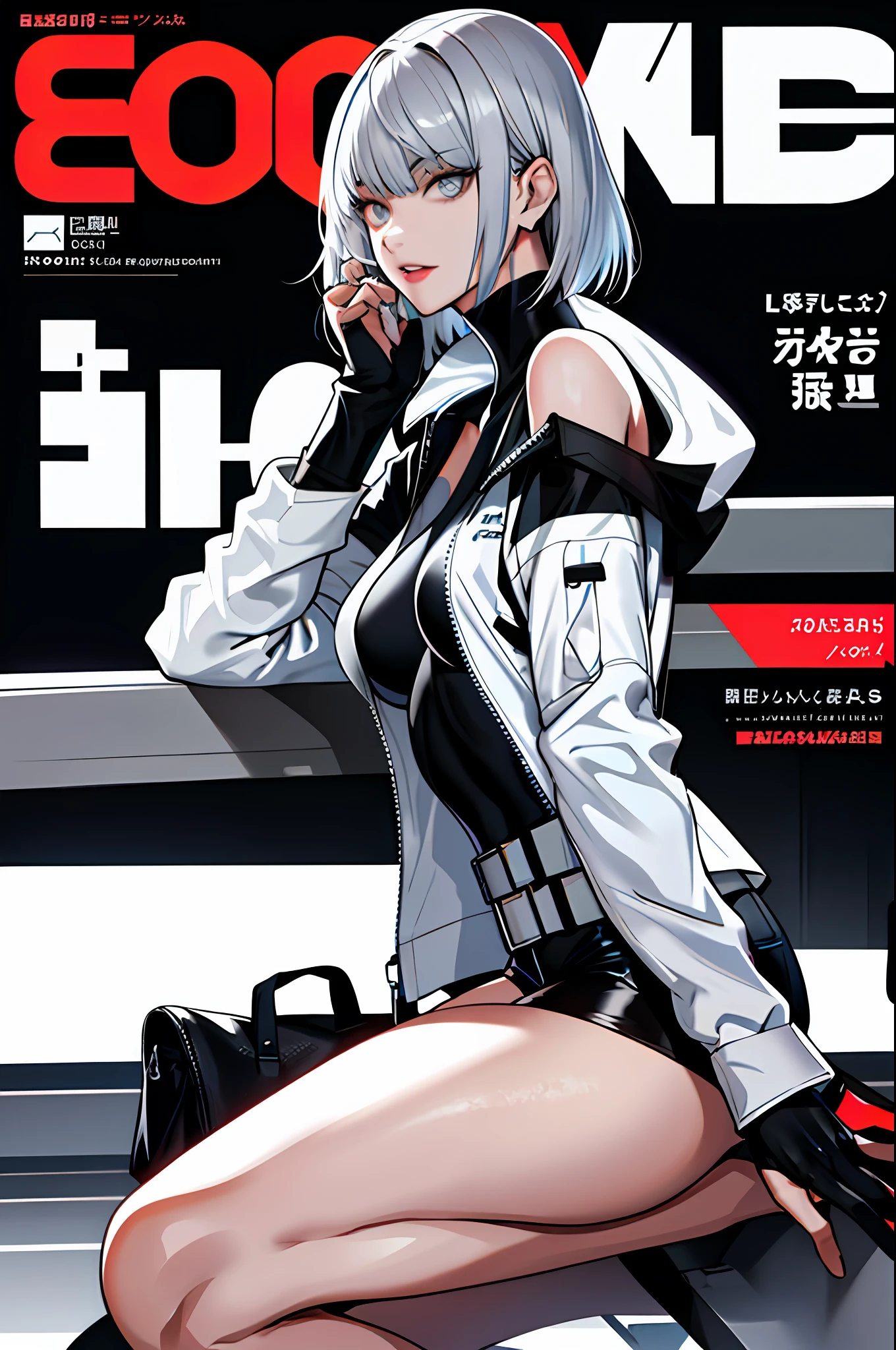 (magazine cover:1.3), (original: 1.2), masterpiece, best quality, beautiful clean face, (full body:1.1), lucy \(cyberpunk\), 1girl, against railing, arm rest, bangs, bare shoulders, belt, black belt, black leotard, black pants, blurry, bob cut, breasts, building, cityscape, clothing cutout, cropped jacket, cyberpunk, depth of field, from side, gradient eyes, grey eyes, grey hair, jacket, leotard, lips, long sleeves, mechanical parts, medium breasts, multicolored eyes, multicolored hair, night, night sky, off shoulder, open clothes, open jacket, outdoors, pants, parted lips, railing, red eyeliner, science fiction, short hair with long locks, short shorts, shorts, sidelocks, sky, solo, standing, thigh cutout, white jacket, white shorts,