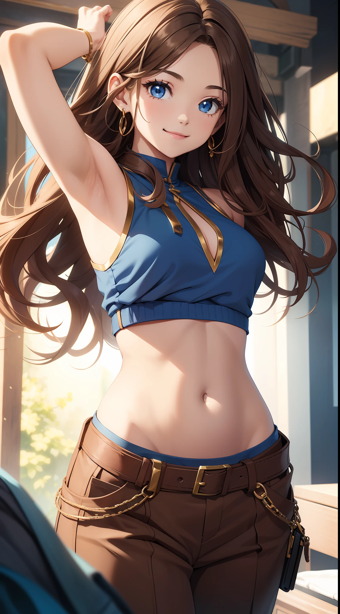Young girl, long brown hair, blue eyes, blue top, sleeveless, open arms, open belly, chest neckline, pants, smile, masterpiece, high quality