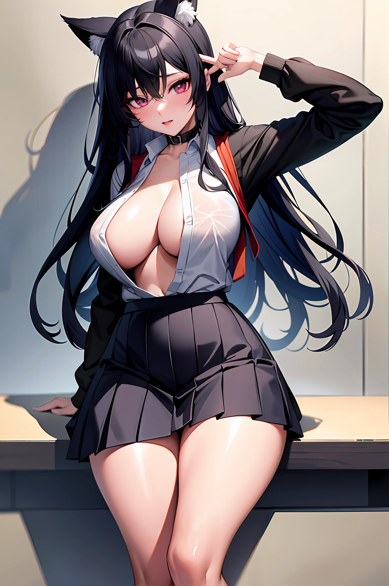 High school girl, big, long black hair untied, long black hair, twisted eyes, long lashes, good style and cute big, white underwear and skirt rolled up, sexy pose showing underwear shorts, big, thighs, anime style, beautiful anime schoolgirl, surreal schoolgirl, surreal schoolgirl, seductive anime girl, realistic schoolgirl, big emphasized, naughty anime style, naughty thighs, naughty thighs, smooth anime CG art, surreal schoolgirl, seductive anime girl, realistic schoolgirl, smooth anime CG art, anime girl, beautiful anime schoolgirl, beautiful anime girl, beautiful charming anime age girl, naughty anime style, Photorealistic anime girl rendering, two areolas, no bra, no pantyhose, cat ears