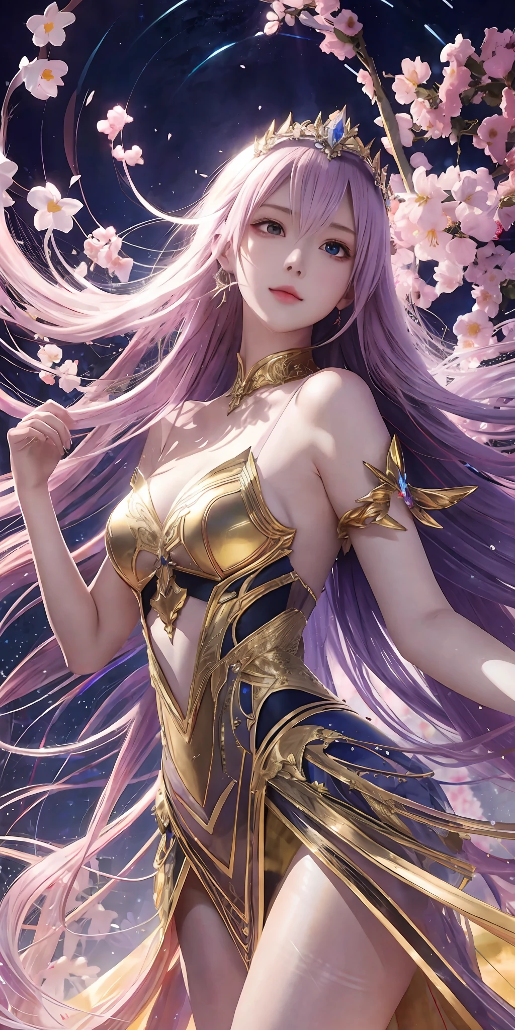 full-length, perfectly structured, anime style, watercolour, art by studio clamp, inspired by final fantasy, a stunningly beautiful woman, starlight plated gilded dress, vast field of flowers, lights in the air, thin fluid shapes, sublime, delicate, intricate details, headroom, done in photoshop, dynamic scene, high detail, high-res, vivid colors, color explosion, composite lighting, soft shadows, good composition, well drawn, crisp, sharp focus, beautiful, splash screen, 2d illustration