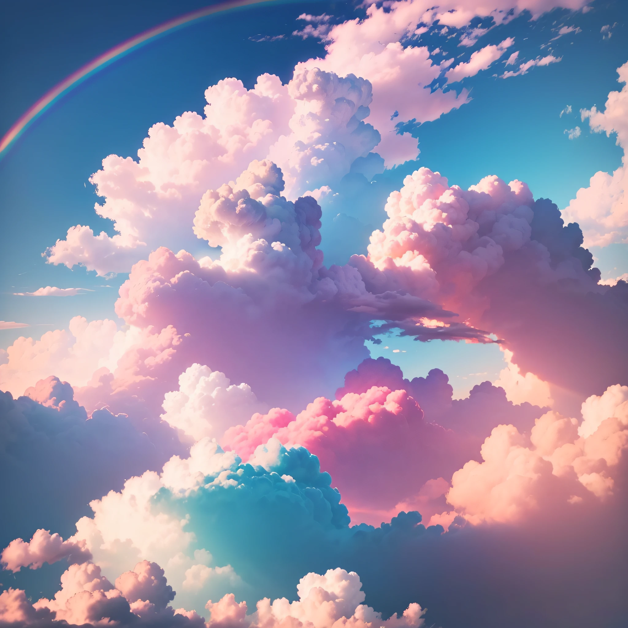 No background cloud map, bright sky, environmental contrast, rainbow clouds, colorful, pink clouds, faint rainbow