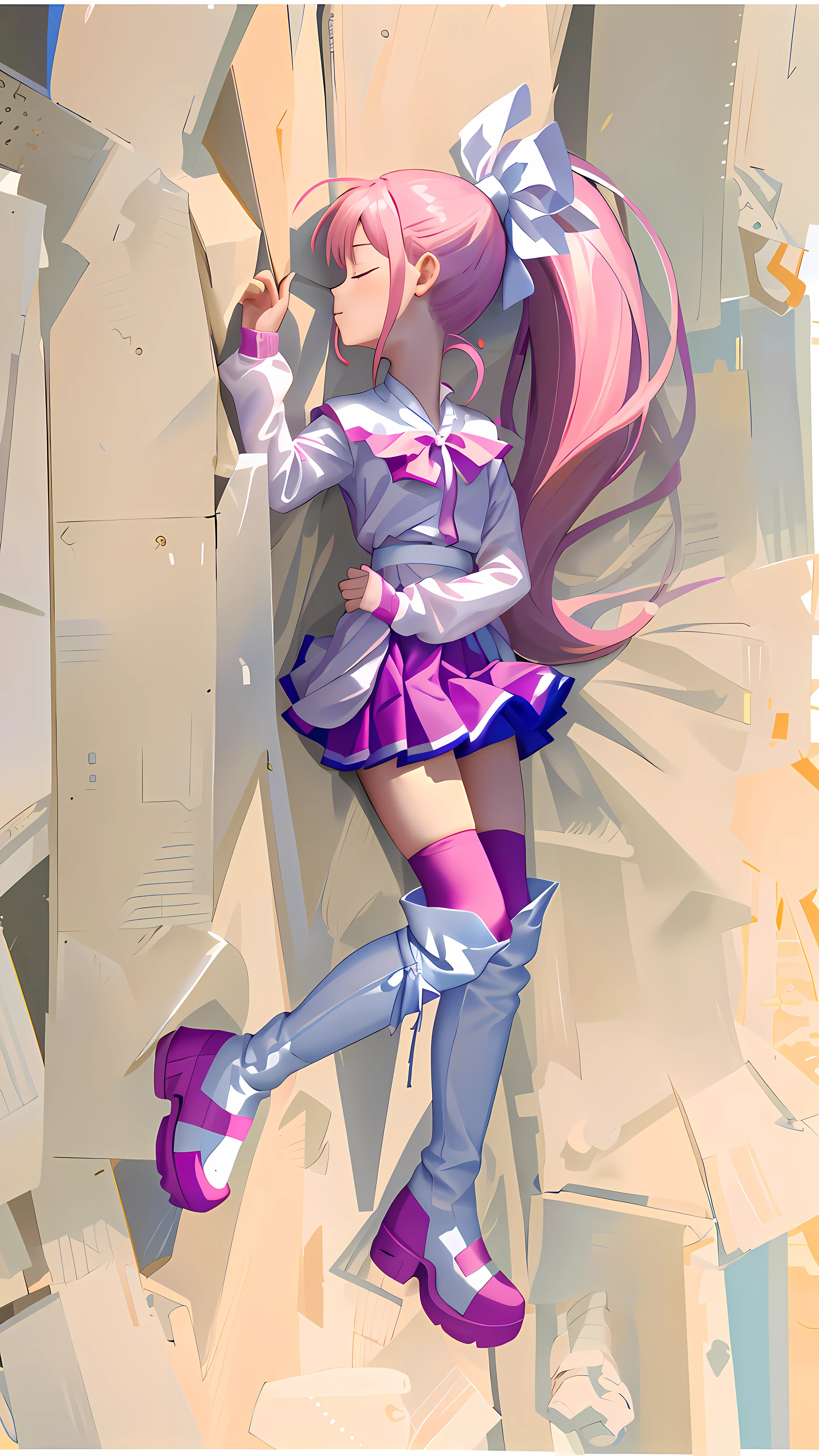 (Masterpiece: 1.5), (Best quality: 1.5), 8k,1 girl, closed eyes, pink hair, single ponytail, white top, pink pleated skirt, pink over-the-knee socks, white long boots, simple background, beach