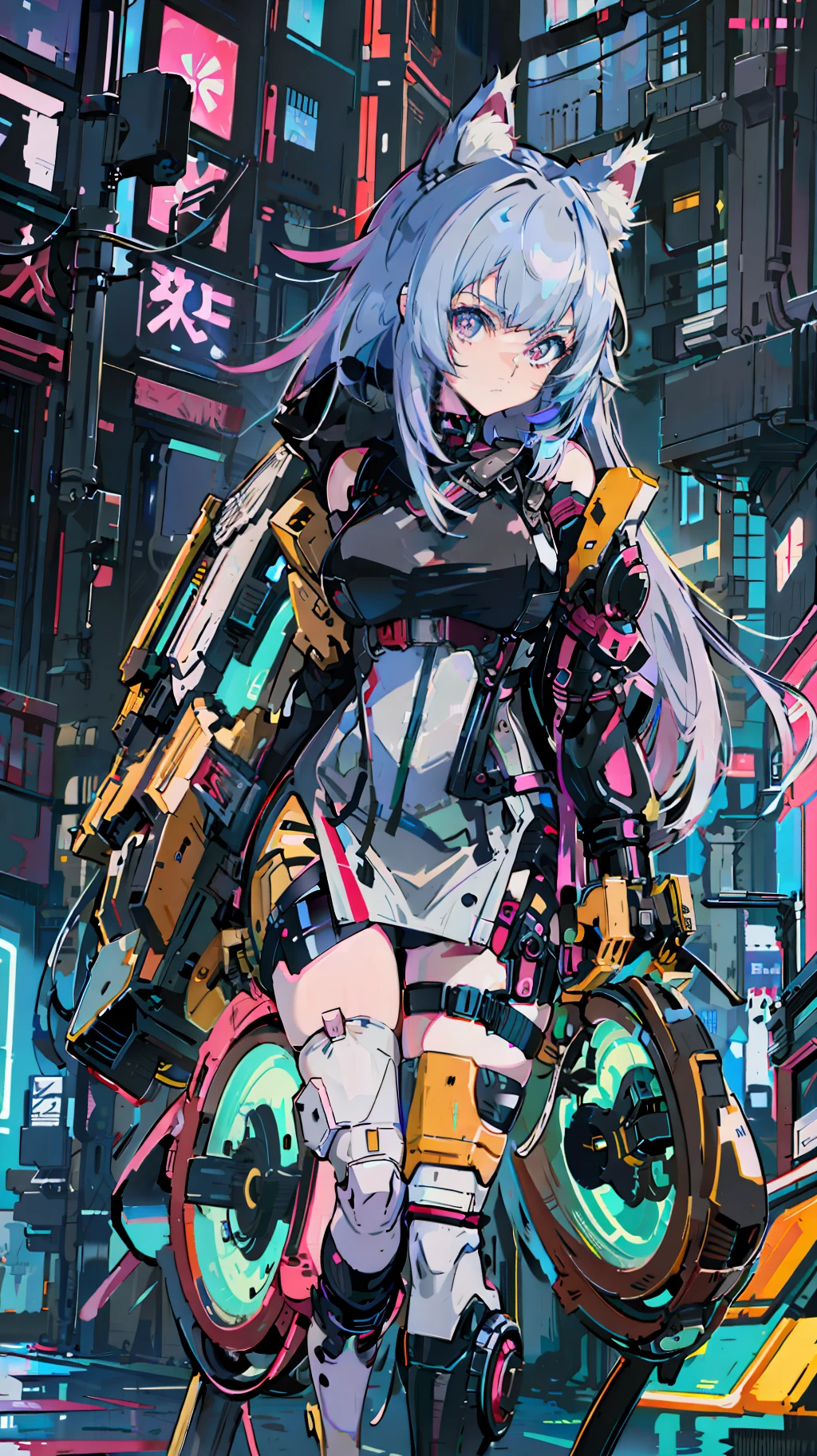 anime girl with cat ears and a backpack walking down a street, cyberpunk anime girl, digital cyberpunk anime art, anime cyberpunk art, digital cyberpunk - anime art, cyberpunk anime art, cyberpunk anime girl mech, female cyberpunk anime girl, oppai cyberpunk, best anime 4k konachan wallpaper, anime style 4 k, cyberpunk art style