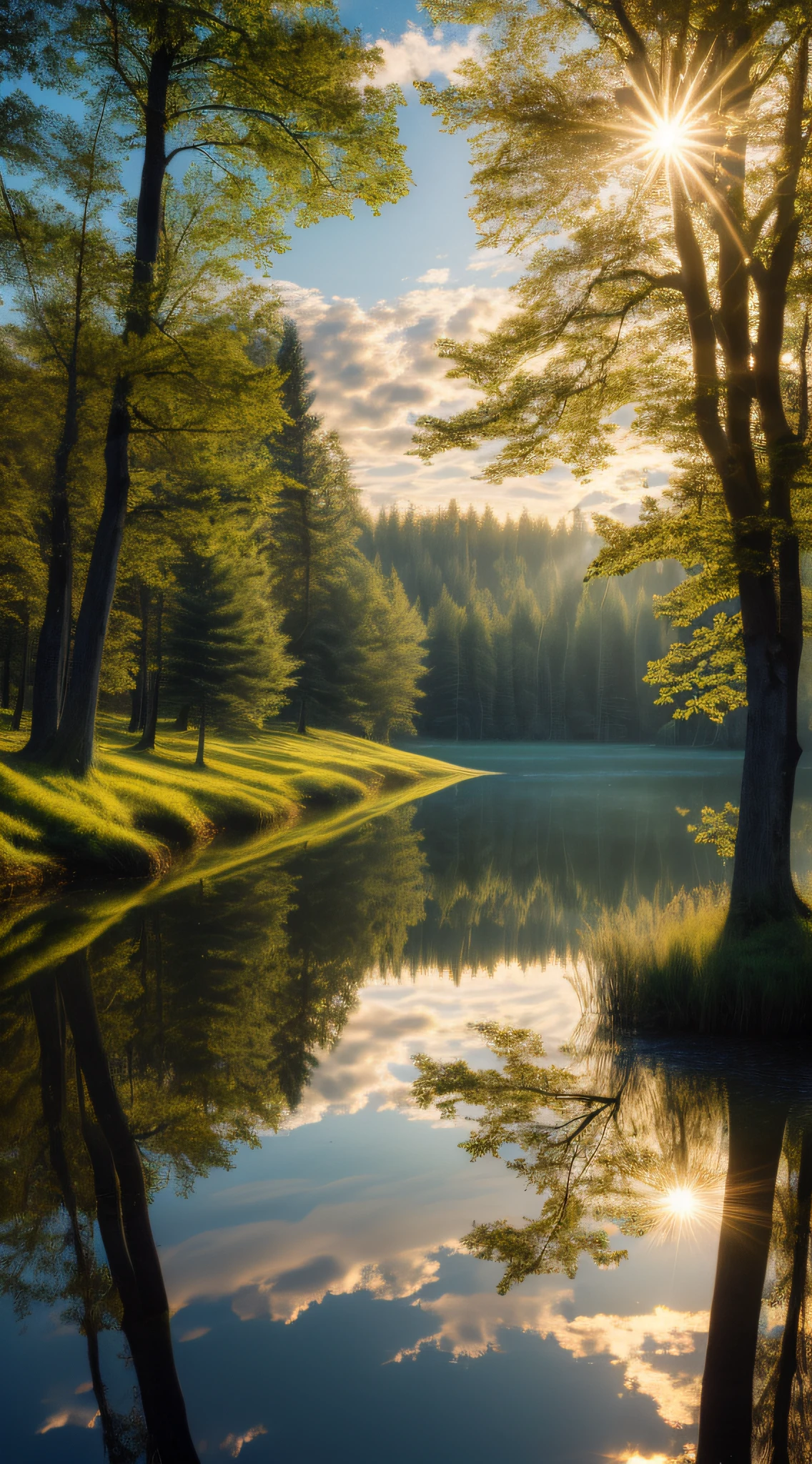 wallpaper, summer, lake, dawn, forest, detailed forest, clouds, masterpiece, cinematic, soft light, depth of field, ray tracing, reflection in water, realism, ulra detailed,