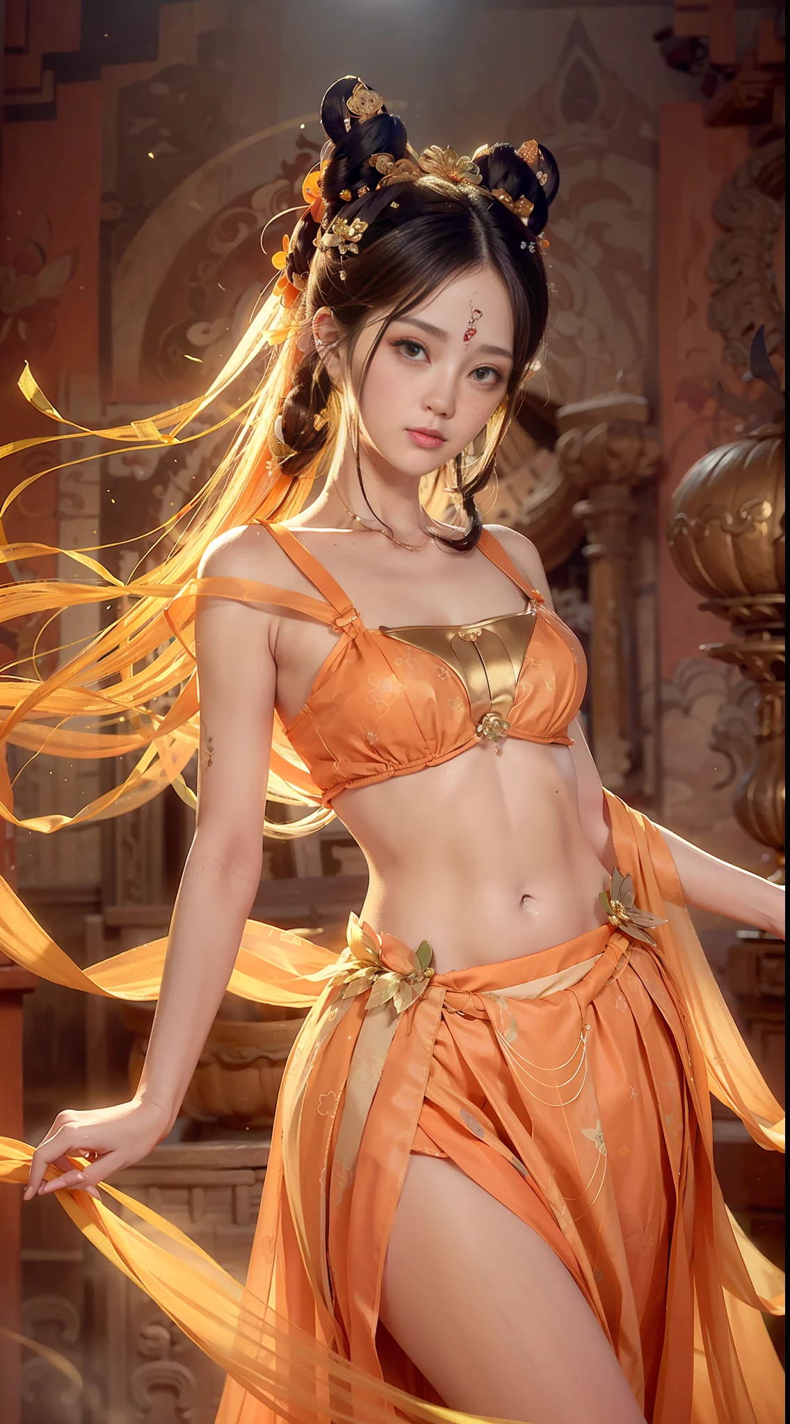 Bust photo, face close-up, face shot, a beautiful woman, messy hair, girly, symmetrical bun, hair accessories, jewelry, delicate face, (orange suspenders: 1.5), (orange high split lower skirt 1.7), (gold pattern: 1.5), crop navel, open belly, Dunhuang style, lots of streamers, delicate skin, soft light effect, delicate and smooth hair, delicate details, eye highlights, fair skin, fine portrayal, extreme details, cinematic quality, thin, slender, broken, hair details, thin bangs, shawl hair, right body, shadows, air bangs, 8K, super fine, fine fabric texture, soft, smooth, orange color, (( Dunhuang style)))))),