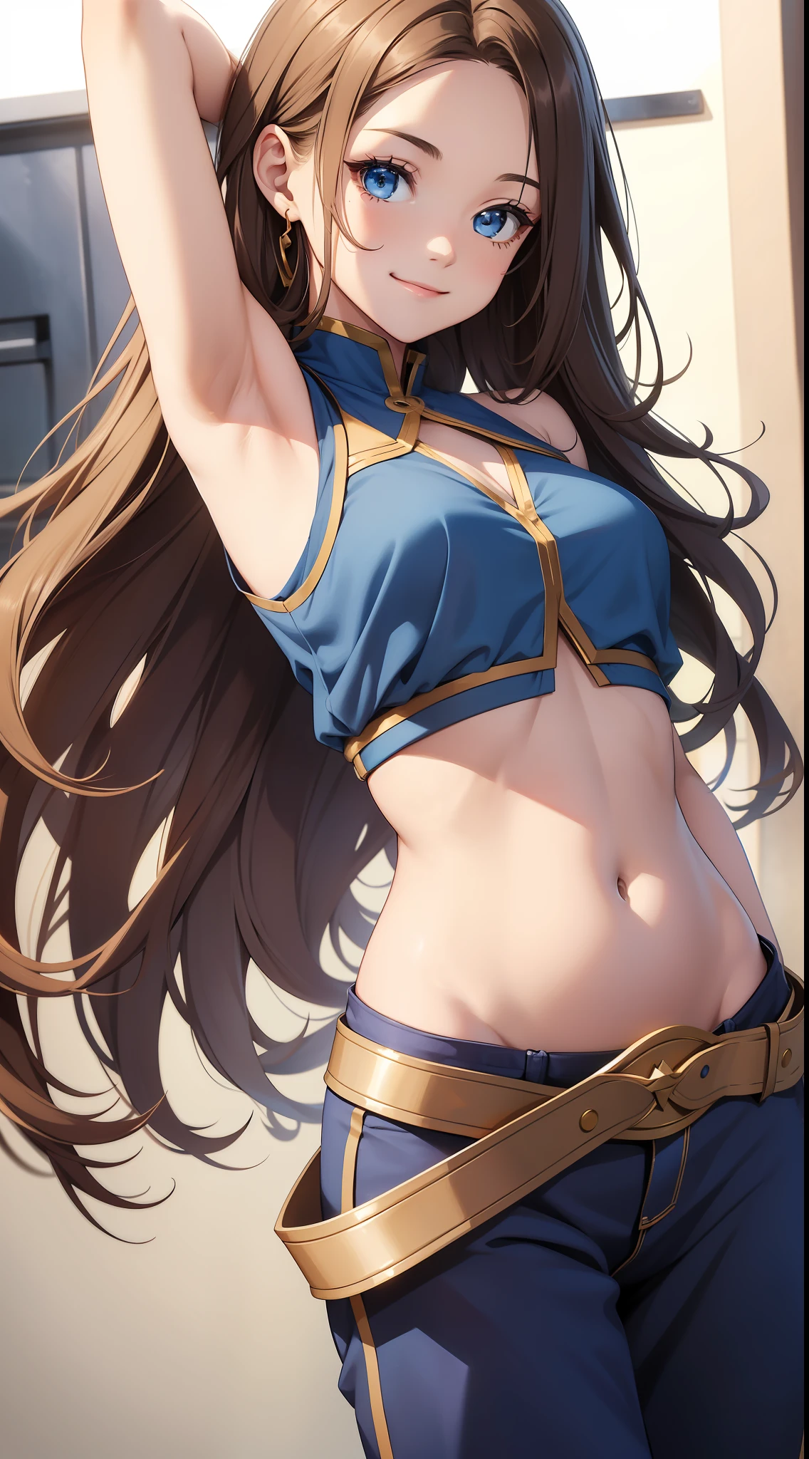 Young girl, long brown hair, blue eyes, blue top, sleeveless, open arms, open belly, chest neckline, pants, smile, masterpiece, high quality