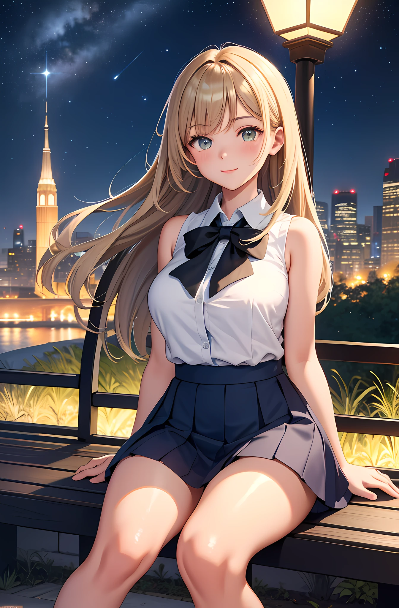 ((masterpiece)), top quality, super detailed, highly detailed CG unified 8k wallpaper, beautiful night scene, bench on the hill, skyscraper city in the distance, lots of shooting stars in the night sky, calm atmosphere. Gentle light of street lamp in the dark, summer breeze blowing, one cute schoolgirl (big breasts: 1.4), cute uniform, mini skirt, sleeveless, shiny skin, glowing eyes