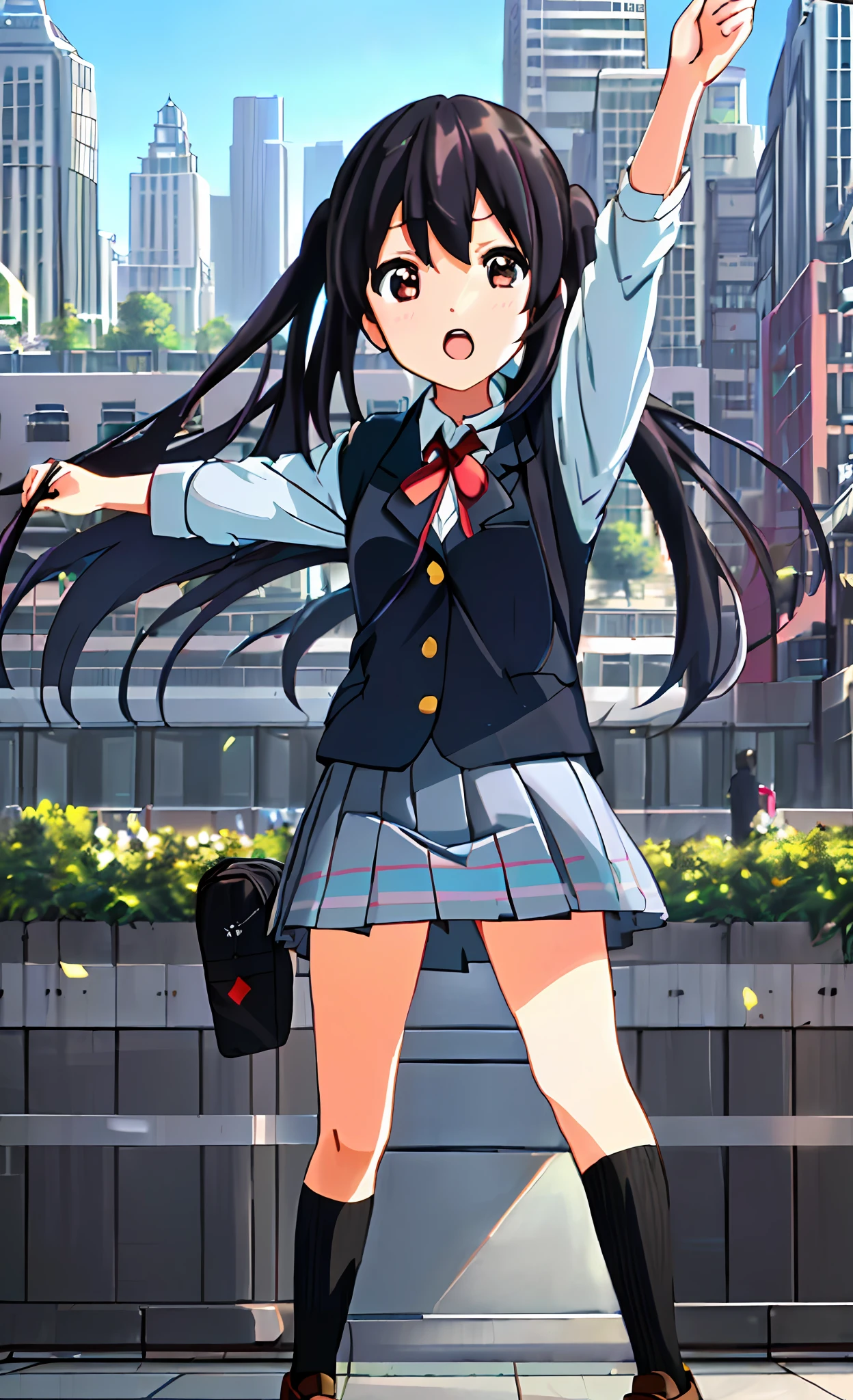 1girl, ((((Masterpiece))), Best Quality, Best Quality, High Detail, Azusa Nakano, 1girl, Sakuragaoka High School Uniform, Musical Instrument, School Uniform, Twin Tails, Long Hair, Black Hair, Brown Eyes, Solo, Red, Dark blue blazer with a thin ribbon of red, Solid white button shirt under blazer, Illustration, Cartoon, Soothing tones, Muted colors, Soft cinematic light, Adobe Lightroom, Photo Lab, HDR, complex and highly detailed, (((depth of field))))). (((Masterpiece))). (((highest quality))).) ((super detail))). (((Illustration))). (((Outside))). (((fighting stance))).,((((Giantization))).dynamic focus.small breasts. (((skyscrapers))). (((Cityscape))). (((Face of sadness))). Open mouth. Spread your arms.