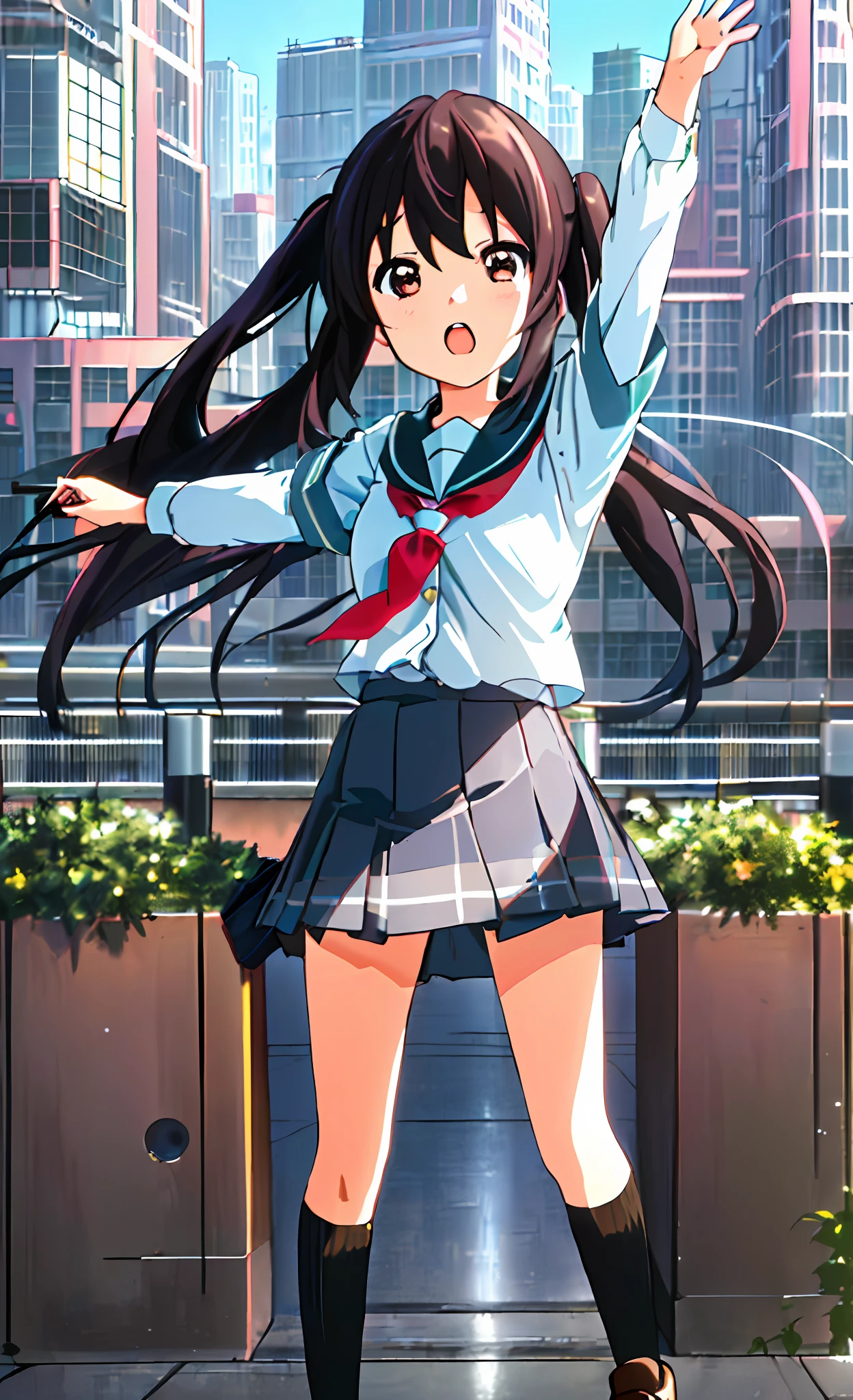 1girl, ((((Masterpiece))), Best Quality, Best Quality, High Detail, Azusa Nakano, 1girl, Sakuragaoka High School Uniform, Musical Instrument, School Uniform, Twin Tails, Long Hair, Black Hair, Brown Eyes, Solo, Red, Dark blue blazer with a thin ribbon of red, Solid white button shirt under blazer, Illustration, Cartoon, Soothing tones, Muted colors, Soft cinematic light, Adobe Lightroom, Photo Lab, HDR, complex and highly detailed, (((depth of field))))). (((Masterpiece))). (((highest quality))).) ((super detail))). (((Illustration))). (((Outside))). (((fighting stance))).,((((Giantization))).dynamic focus.small breasts. (((skyscrapers))). (((Cityscape))). (((Face of sadness))). Open mouth. Spread your arms.