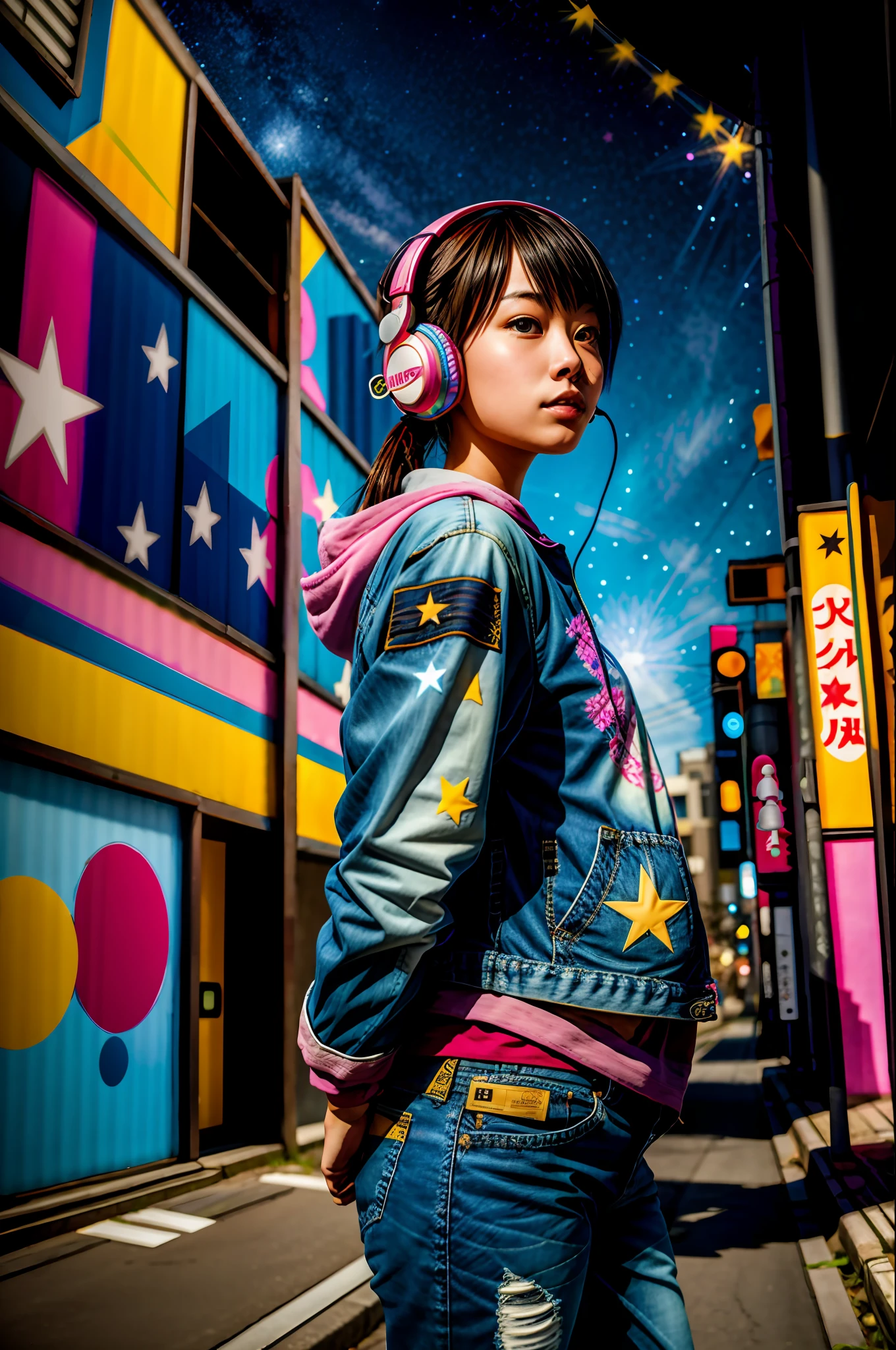jane_noexist, 1girl, gamer,headphones,  jeans, japan, stars, complex background , street , graffiti
 volumetric, dramatic lighting, lens flare,
photorealistic, masterpiece, best quality