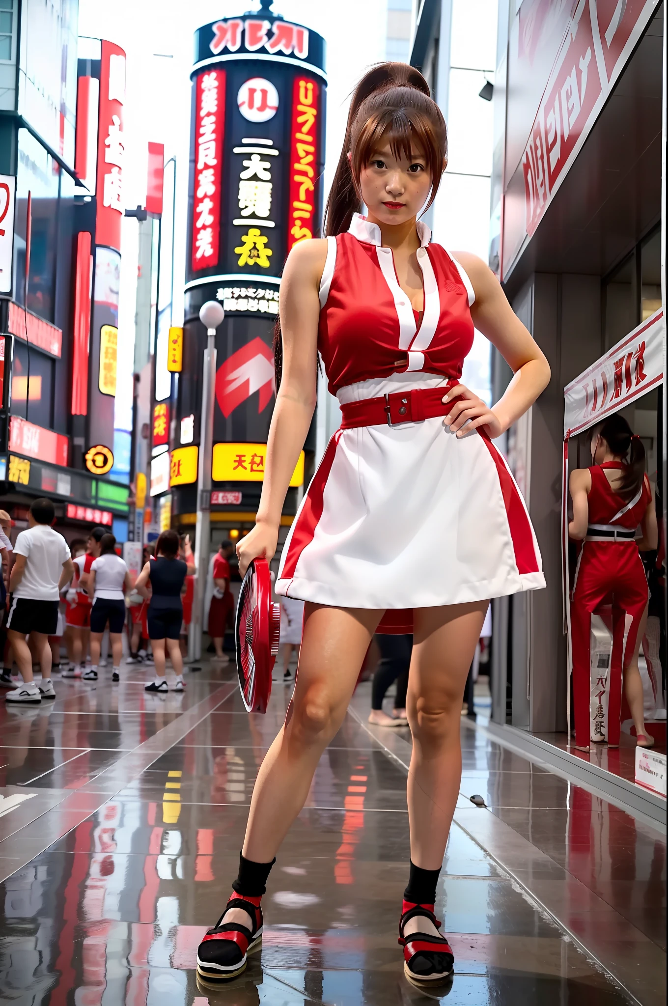 Masterpiece, Best Quality, 1girl, Beautiful Girl, Mai Shiranui, Red Theme, Brown Hair, ,Big, High Leg of Sleeveless Mini Japanese Clothing, High Ponytail, Bangs, Hand Fan (Full Body, Standing), (Akihabara with many onlookers)