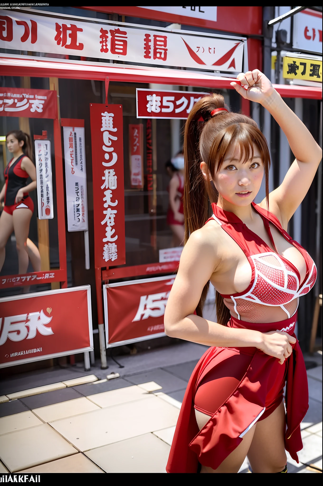 Masterpiece, Best Quality, 1girl, Beautiful Girl, Mai Shiranui, Red Theme, Brown Hair, ,Big, High Leg of Sleeveless Mini Japanese Clothing, High Ponytail, Bangs, Hand Fan (Full Body, Standing), (Akihabara with many onlookers)