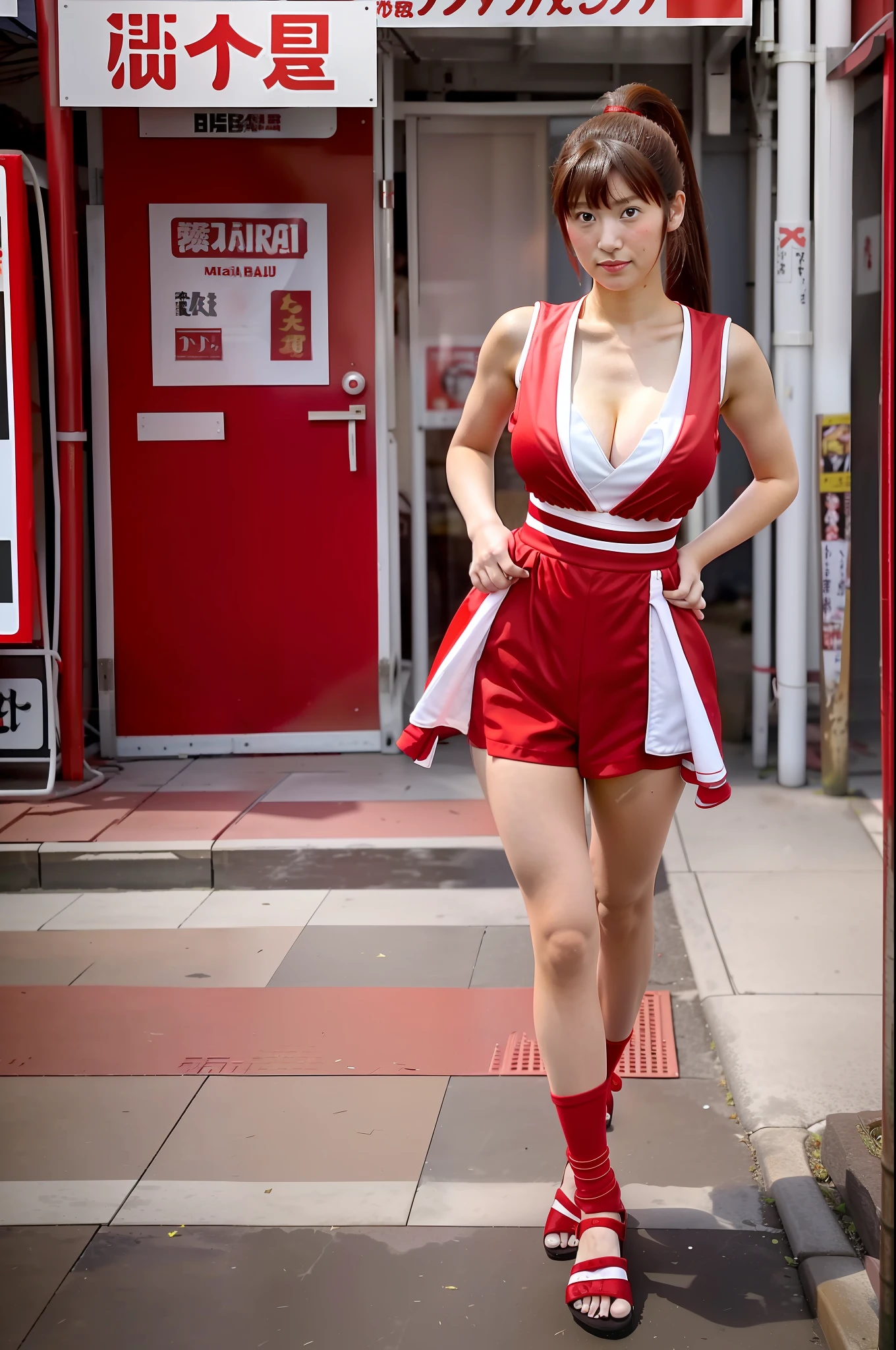 Masterpiece, Best Quality, 1girl, Beautiful Girl, Mai Shiranui, Red Theme, Brown Hair, ,Big, High Leg of Sleeveless Mini Japanese Clothing, High Ponytail, Bangs, Hand Fan (Full Body, Standing), (Akihabara with many onlookers)