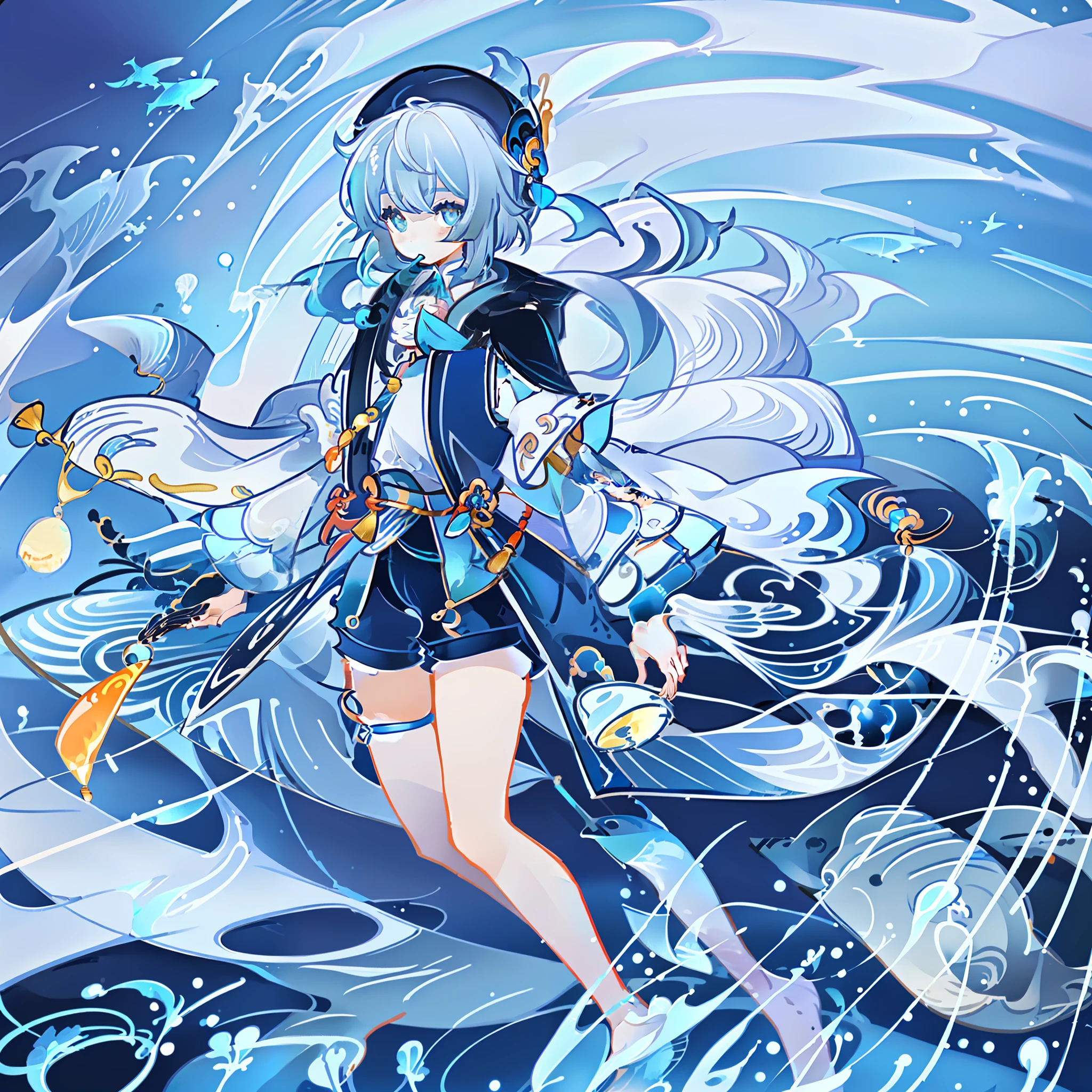 On the back of a giant floating whale, a small Shota sits and plays a flute, wearing short-sleeved shorts and white and blue gradient pupils. His straw hat hung with wind chimes and streamers and a long cloak. Surrounded by countless schools of swimming fish, the picture is dreamy and standing in style.