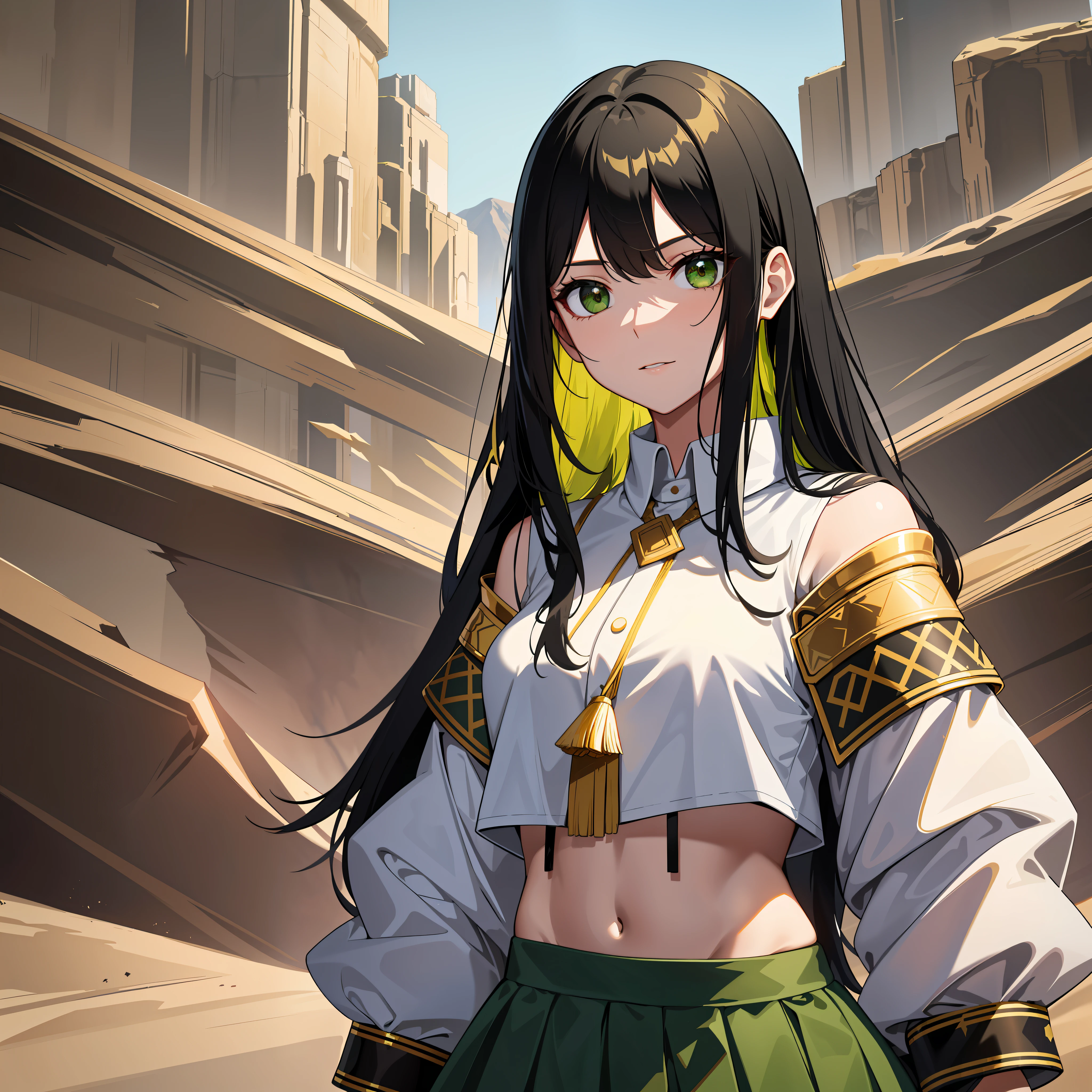 Adult, one female, Long black hair with green line in the middle, white shirt with Rank on the shoulder , short green skirt with gold trim, Standing on a cliff in the desert, Slanted eyes, Glare, close up, masterpiece