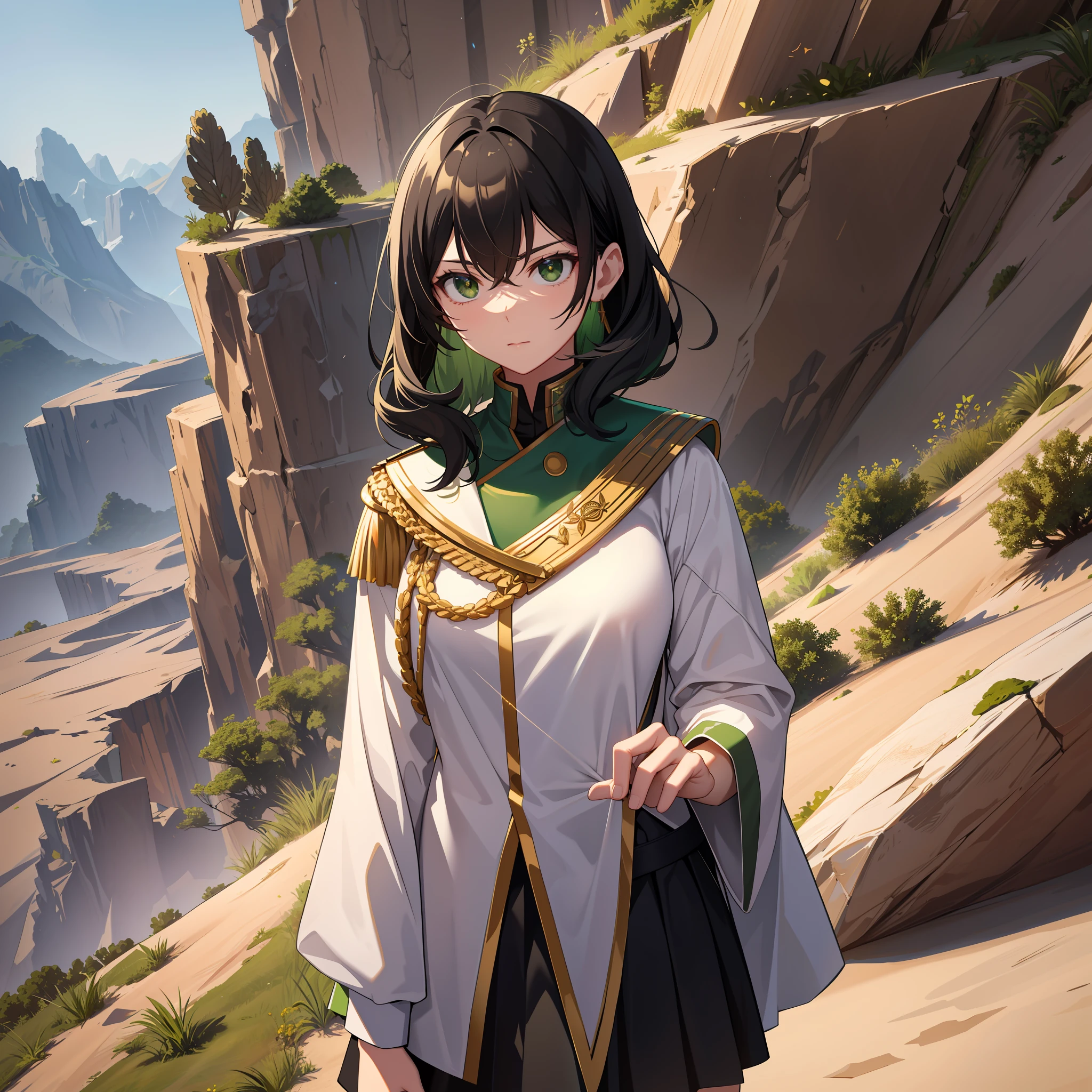 Adult, one female, Long black hair with green line in the middle, white shirt with Rank on the shoulder , short green skirt with gold trim, Standing on a cliff in the desert, Slanted eyes, Glare, close up, masterpiece