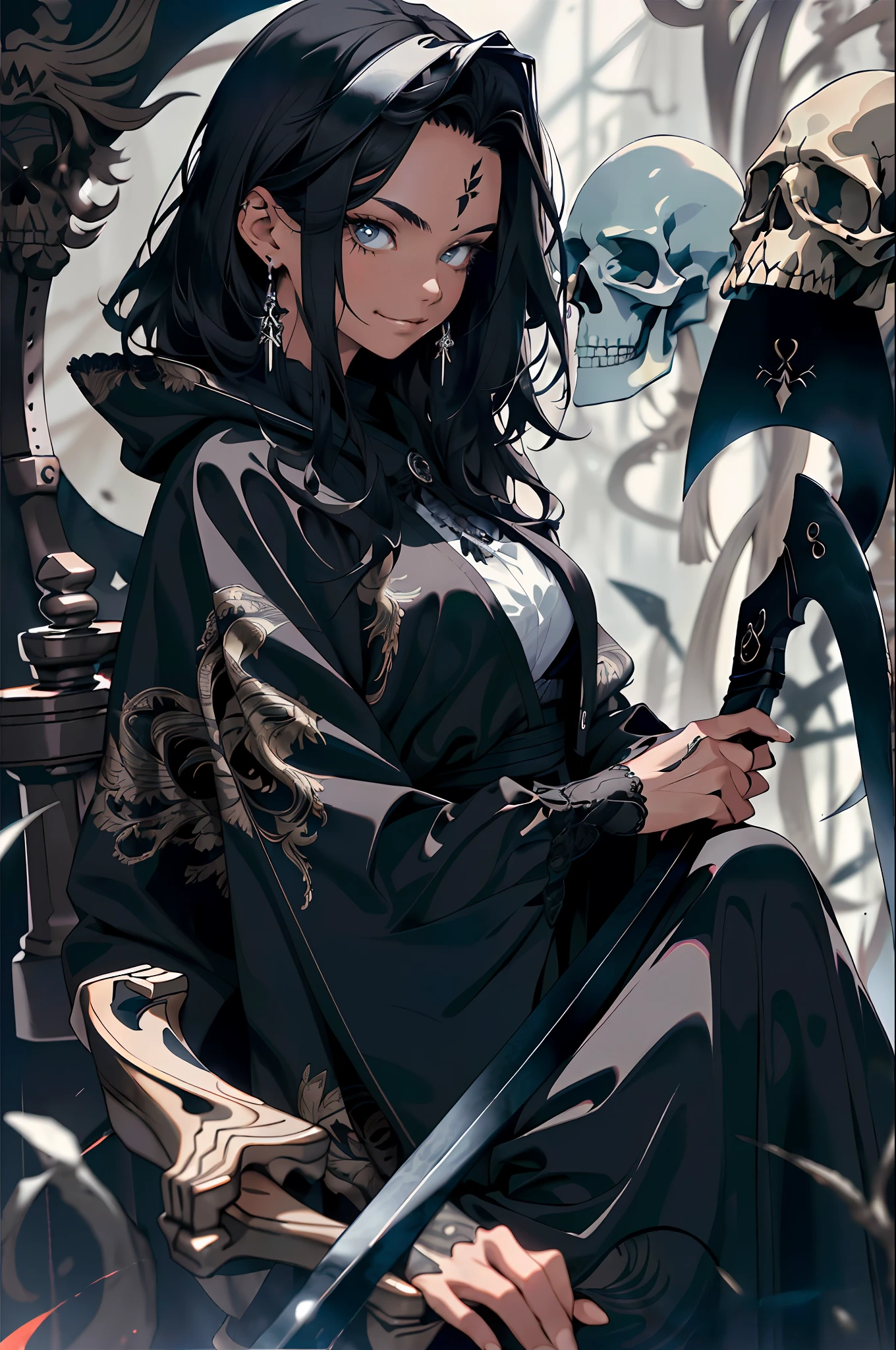 (((BLACK HAIR, [PERFECT REALISTIC EYES])))), (((HOLDING A SCYTHE IN HANDS,))) 1GIRL, SEXY, BLACK OUTFIT, BLACK CAPE AND HOOD, LARGE BREASTS, SLIM BODY, SLIM WAIST, ultra realistic 8k CG, perfect face, flawless, clean, masterpiece, professional artwork, famous art, cinematic lighting, real, SINISTER, BLACK HOOD, WIDE SMILE, (DARK SETTING), costume, MACABRO, BLACK UPAS, lace, lace trim,  lacy legwear, nsfw, breasts out, absurdly long hair, very long hair, (rich: 1.4), SKULLS AROUND, intricate detail, delicate pattern, sexy, charming, seductive, seductive, erotic, charming,