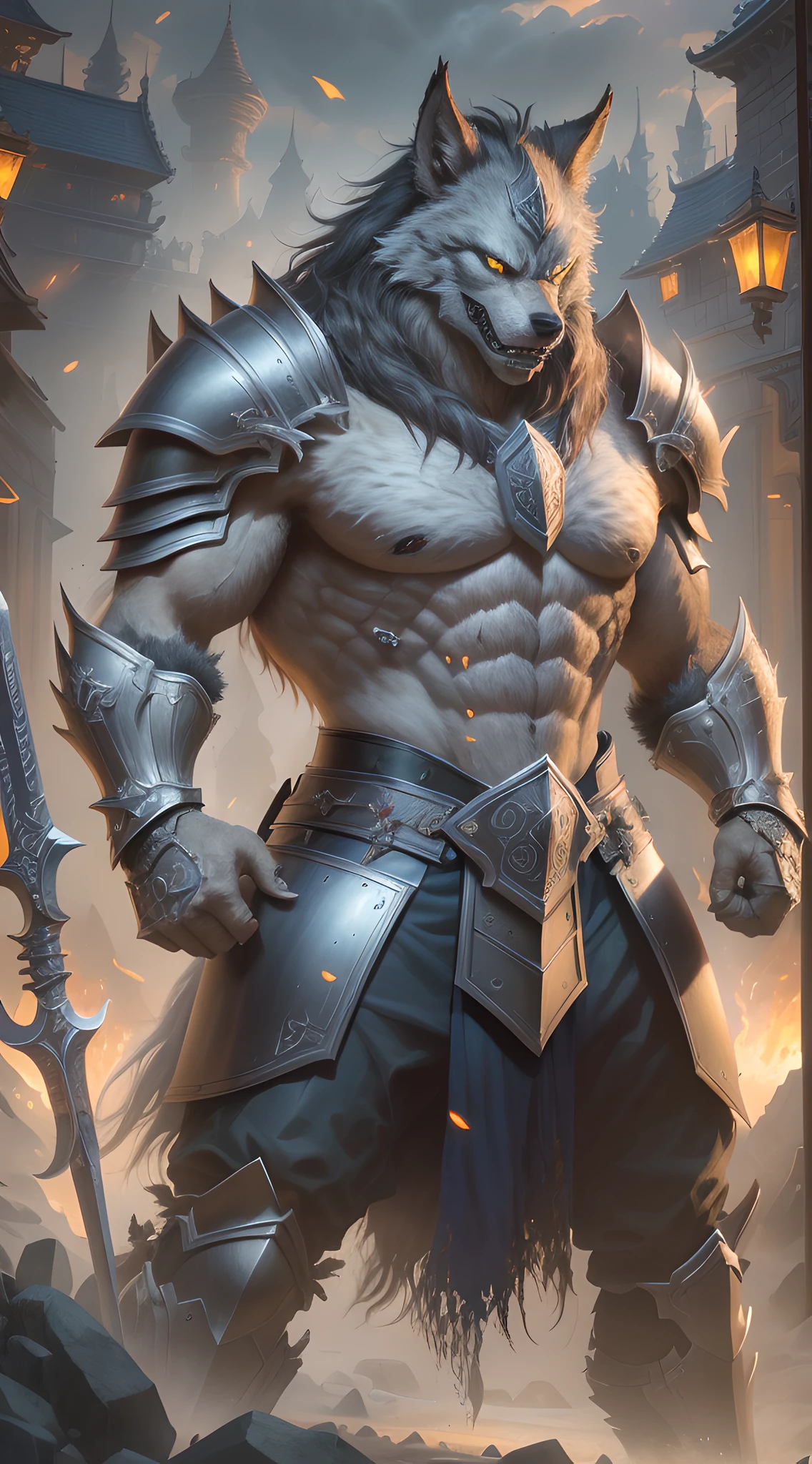Best Quality, Best Light and Shadow, Extreme Detail, 8K, Werewolf in Armor, Looking at the Camera with Anger, Clenched Fist, Claw, Saint Samurai Armor, Rich Hair, World of Warcraft Style, Tall and Mighty, Teeth Exposed, Hyper-Realism, Ultra-detailed, Natural Light, Armor Pattern, Rich Armor Detail, Armor Damage: 0.4