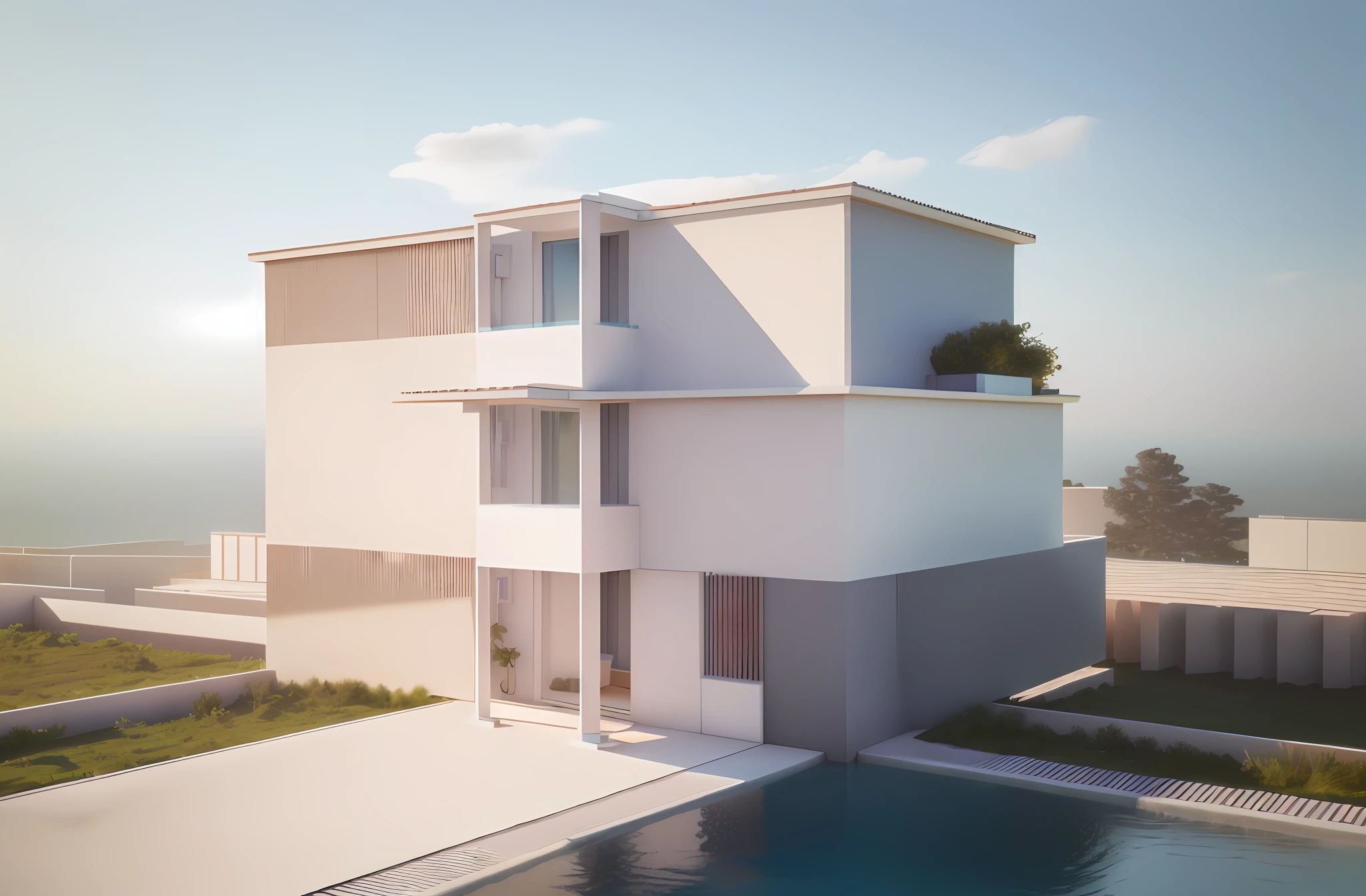 Arapt view of modern house, concept house, gray roof Rendering in Lumion Pro Rendering of houses with fences and fenced areas, sketch - up, digital rendering, 3D rendering, 3D rendering, 3D perspective, detailed rendering, wide angle build shot, digital rendering, cross-dimensional villa, 3-D rendering, concept rendering, concept house, 3d rendering, synthetic 2D rendering, perspective view