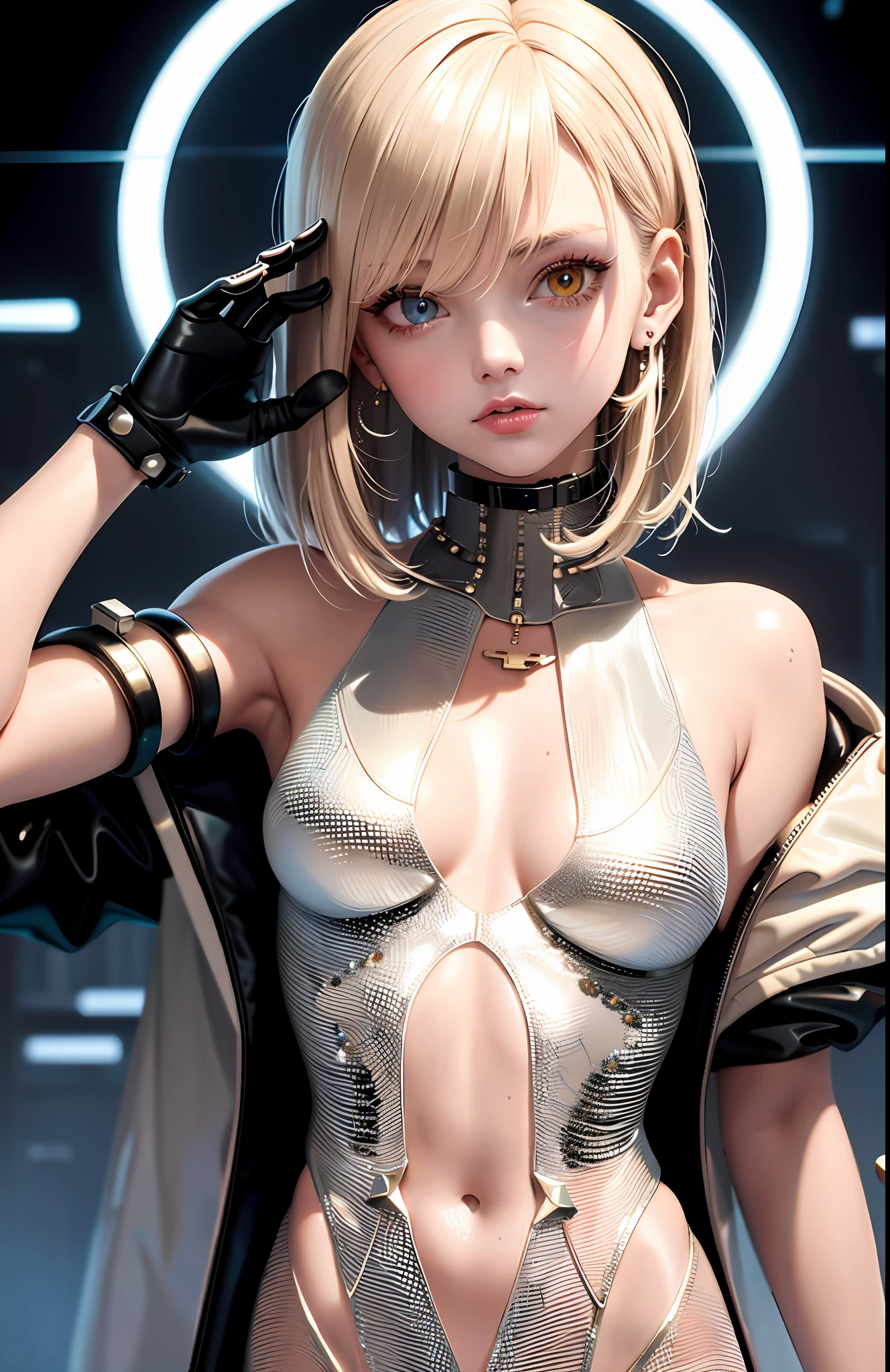 Best, Masterpiece, High Resolution, Best Quality, Ultra HD, Super Detail, Award-Awarded, 16k, Solo, (Upper Body), Anatomically Correct, Beautiful Maiden, Cute Face, Highlights, Gradient Beige Hair, Hair Strands, ((Heterochromia)), Long Eyelashes, Hanging Eye Corners, Fair Skin, (Small), (Slim Body), ((Cyberpunk Plastic Coat)), ((Cyberpunk Style Clothing)), Stud Earrings, (Neck Rings), Very, Very Short Gloves