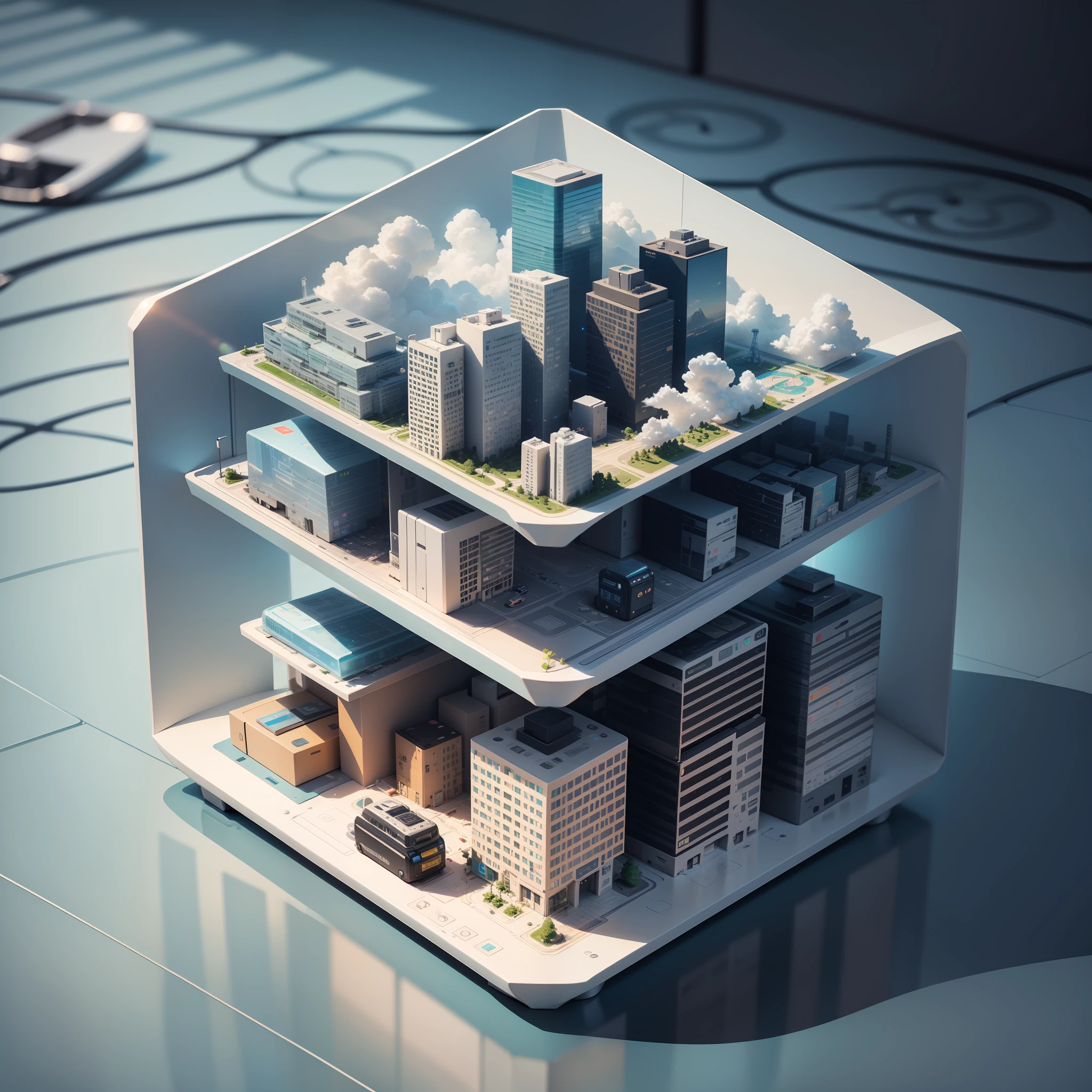 Internet of Things, Cloud Computing, Artificial Intelligence, Smart City, Blind Box Toy Style, High Detail, Ray Tracing, Stereogram, Three-sided View, Op Art, 8k, High Detail, High Quality, 8K, Masterpiece, Ccurate, Best Quality --auto --s2