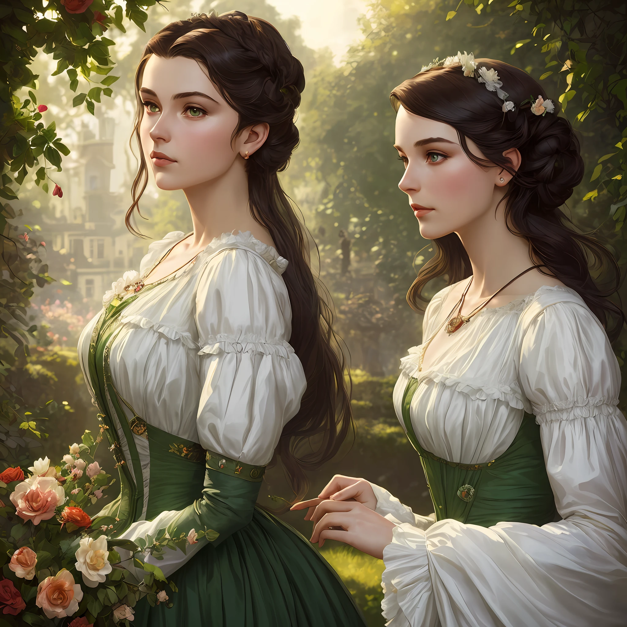 masterpiece stunning delicate and curvy young woman 20 years old, wearing british victorian lady outfit, ruddy skin, looking up, ((sunny victorian mansion garden background)), dark brown straight medium hair, detailed perfect almond-shaped emerald green eyes, perfect sensual and full lips, resemblance to scarlett ohara, full body, cover, hyperdetailed painting, luminism, Bar lighting, complex, 4k resolution concept art portrait by Greg Rutkowski, Artgerm, WLOP, Alphonse Mucha: a stunning realistic photograph 18 years