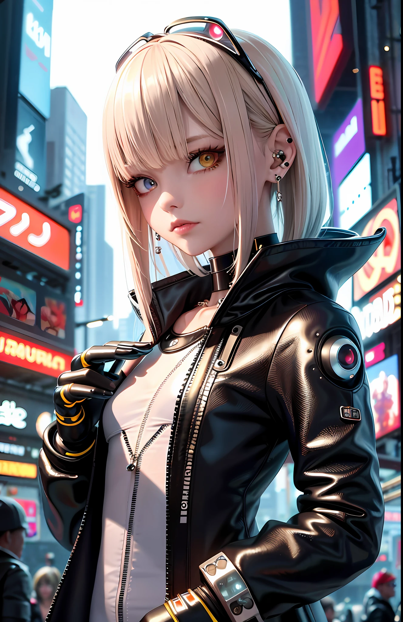 Best, Masterpiece, High Resolution, Best Quality, Ultra HD, Super Detail, Award-Awarded, 16k, Solo, (Upper Body), Anatomically Correct, Beautiful Maiden, Cute Face, Highlights, Gradient Beige Hair, Hair Strands, ((Heterochromia)), Long Eyelashes, Hanging Eye Corners, Fair Skin, (Small), (Slim Body), ((Cyberpunk Plastic Coat)), ((Cyberpunk Style Clothing)), Stud Earrings, (Neck Rings), Very, Very Short Gloves