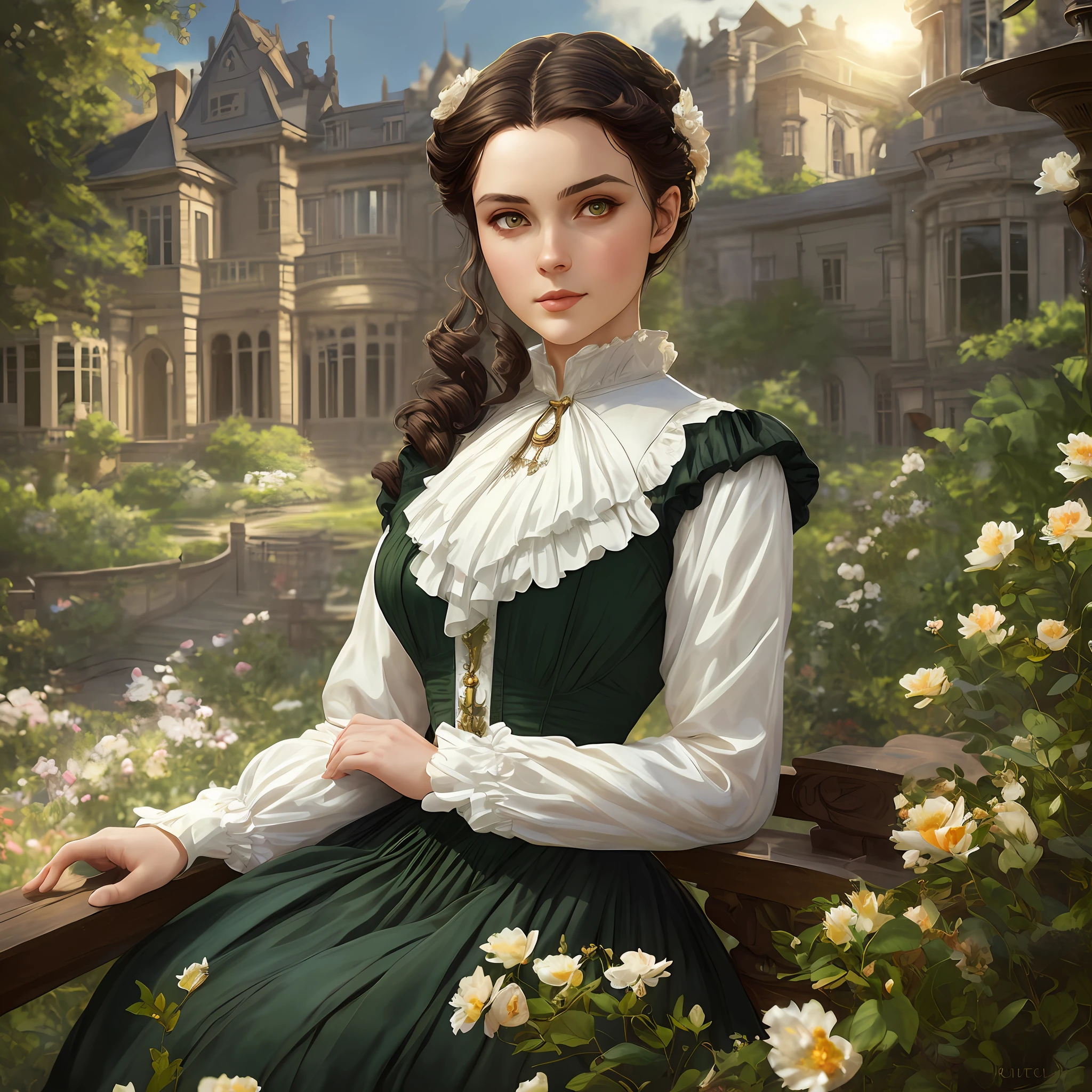 masterpiece stunning delicate and curvy young woman 20 years old, wearing british victorian lady outfit, ruddy skin, looking up, ((sunny victorian mansion garden background)), dark brown straight medium hair, detailed perfect almond-shaped emerald green eyes, perfect sensual and full lips, resemblance to scarlett ohara, full body, cover, hyperdetailed painting, luminism, Bar lighting, complex, 4k resolution concept art portrait by Greg Rutkowski, Artgerm, WLOP, Alphonse Mucha: a stunning realistic photograph 18 years