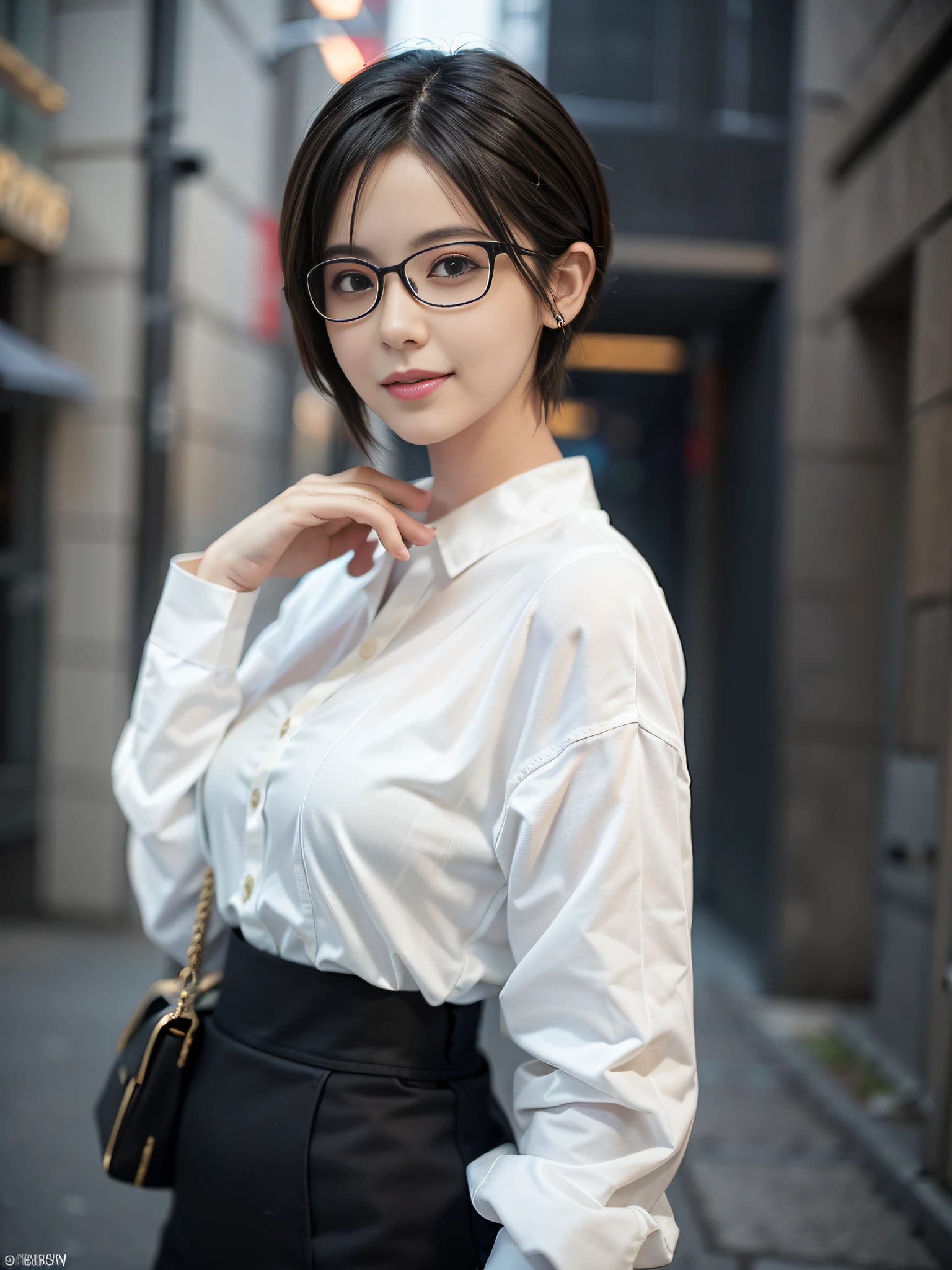 (1 girl: 1.3), Solo, Standing figure, Fantasy art, Photorealistic, Very detailed face, White clothes, Black eyes, Black hair, Short hair, Smile, Glasses, White wall, White shirt, Right palm up and slightly raised