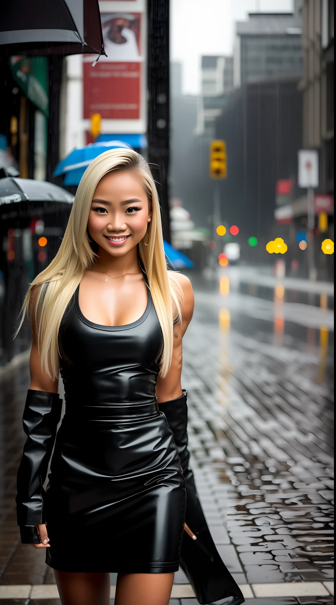 young beautiful Thai woman, blond hair, bodybuilder physique, wet on the street, rainy day, happy, smiling, cheerful, masterpiece, wearing leather top, best quality, ultra-detailed, (skin texture), cinematic, Key light, backlight, natural lighting, photography 400 ISO film grain 30mm lens RAW aperture f1.8, art photographer --auto --s2