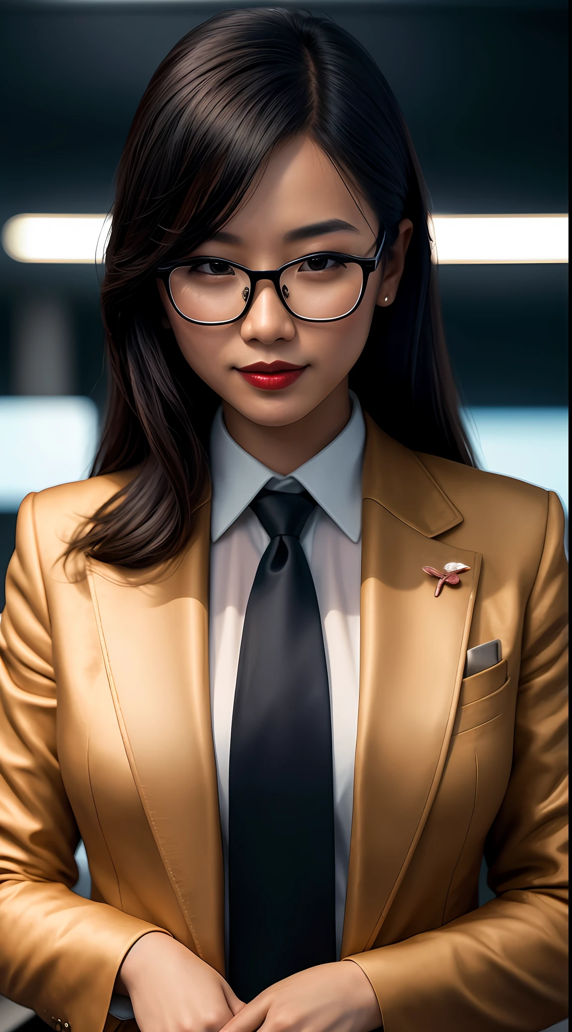 Masterpiece, full body, aerial view, beautiful japanese girl in black suit and tie, lipstick, long straight hair, smiling, glasses, in an office, day, very detailed lighting, dramatic, digital art trend in Artstation 8k HD high definition detailed realistic, detailed, skin texture, hyper detailed, realistic skin texture, armor, best quality, ultra high res, (photorealistic: 1.4), high resolution, detailed, Raw photo, Sharp Re, by Lee Jeffries Nikon D850 Film Stock Photography 4 Kodak Portra 400 Camera F1.6 Lens Rich Colors Hyper Realistic Realistic texture Dramatic lighting UnrealEngine trend in ArtStation Cinestill 800