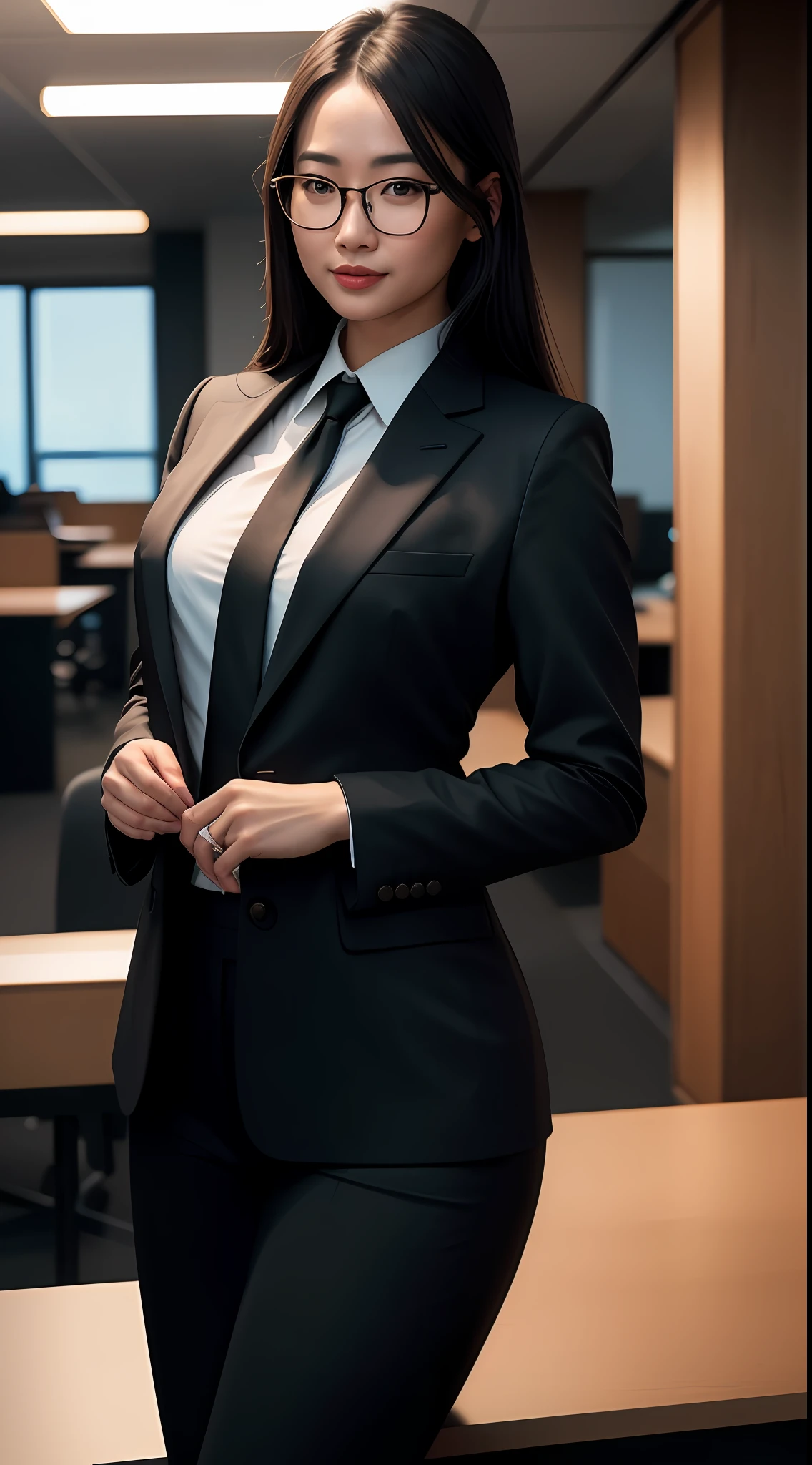 Masterpiece, full body, aerial view, beautiful japanese girl in black suit and tie, lipstick, long straight hair, smiling, glasses, in an office, day, very detailed lighting, dramatic, digital art trend in Artstation 8k HD high definition detailed realistic, detailed, skin texture, hyper detailed, realistic skin texture, armor, best quality, ultra high res, (photorealistic: 1.4), high resolution, detailed, Raw photo, Sharp Re, by Lee Jeffries Nikon D850 Film Stock Photography 4 Kodak Portra 400 Camera F1.6 Lens Rich Colors Hyper Realistic Realistic texture Dramatic lighting UnrealEngine trend in ArtStation Cinestill 800