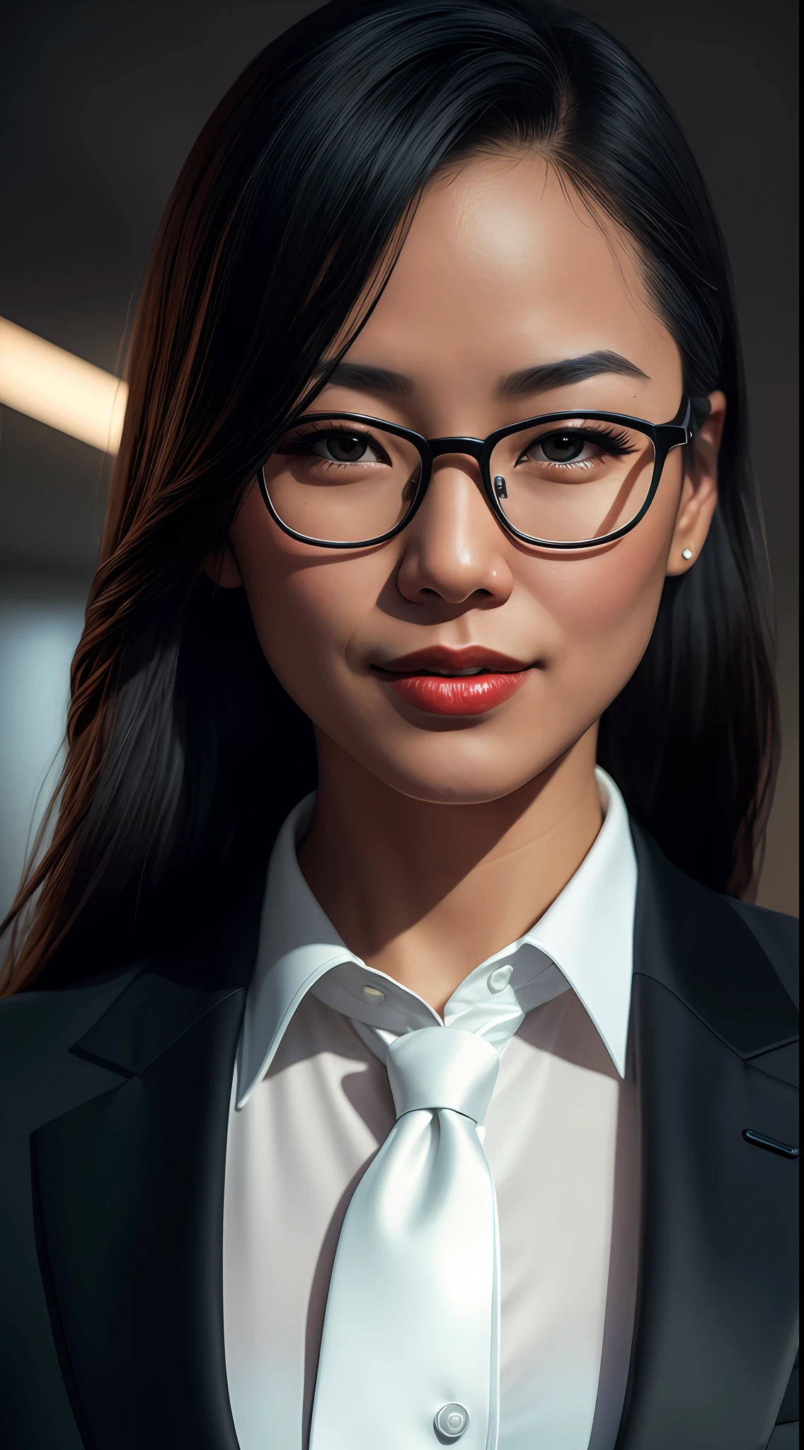 Masterpiece, full body, aerial view, beautiful japanese girl in black suit and tie, lipstick, long straight hair, smiling, glasses, in an office, day, very detailed lighting, dramatic, digital art trend in Artstation 8k HD high definition detailed realistic, detailed, skin texture, hyper detailed, realistic skin texture, armor, best quality, ultra high res,  (photorealistic: 1.4), high resolution, detailed, Raw photo, Sharp Re, by Lee Jeffries Nikon D850 Film Stock Photography 4 Kodak Portra 400 Camera F1.6 Lens Rich Colors Hyper Realistic Realistic texture Dramatic lighting UnrealEngine trend in ArtStation Cinestill 800