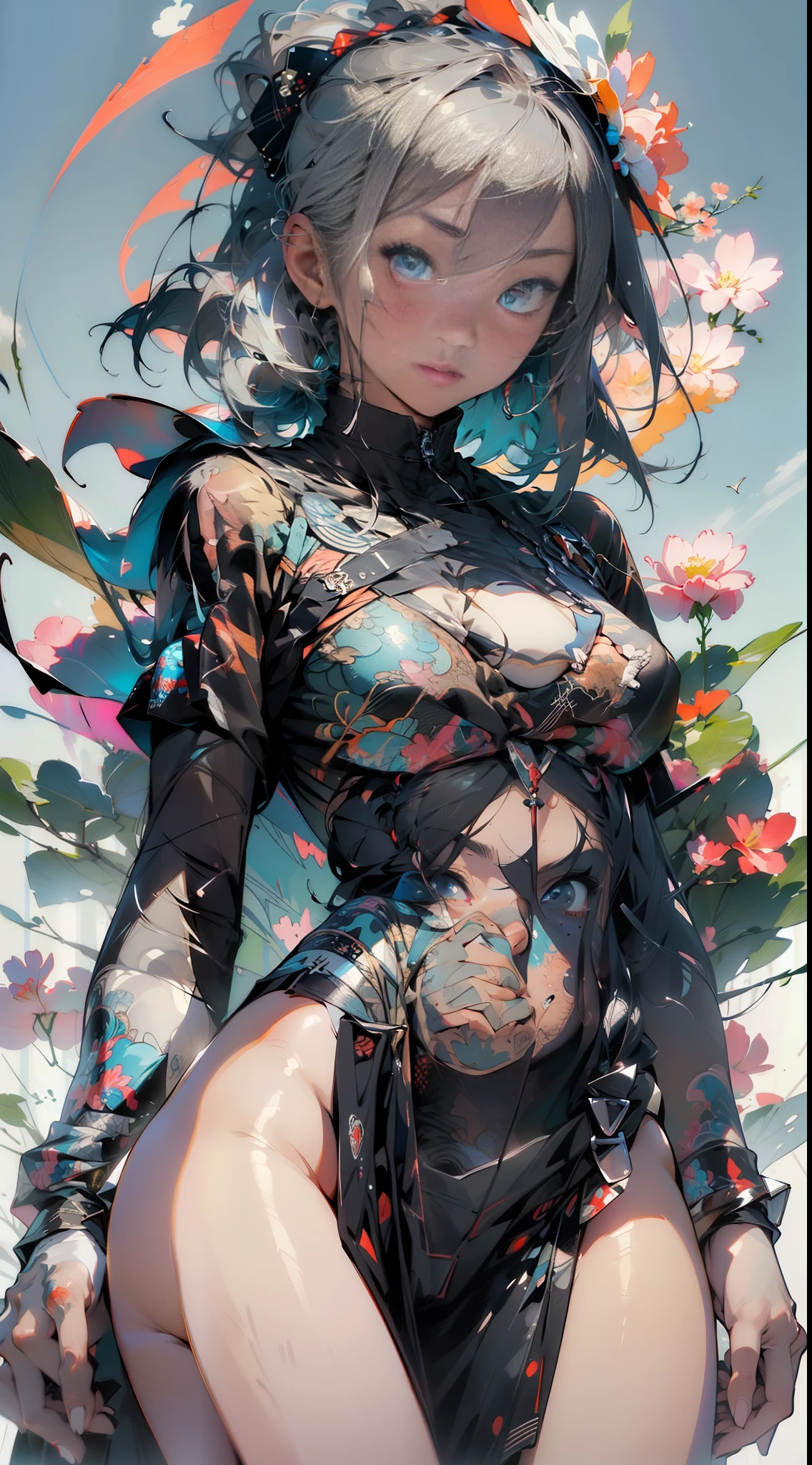 Flat tattoo effect design, Ashley Alexiss Japanese beautiful woman ponytail ultra detailed black hairstyle, (beautiful and clear background: 1.2), fantastic paintings, ultra detailed graffit style, flowers, a t-shirt or dress with a white blouse underneath future ultra detailed gacha, position, stained glass color, fantastic paintings by Joe Madureira, high quality, ultra detailed adhesive art, ultra-detailed beautiful woman, freedom, soul, digital illustration, comic style, perfect anatomy, ultra-detailed large chest, centered, approaching perfection, dynamic, highly detailed, ultra-detailed watercolor painting, artstation, ultra-detailed concept art, smooth, sharp focus, illustration, art by flesh griffiths and wadim kashin,, anime girl pose alone, short pastel hair, heterochromia, perfect anatomy, centered, approaching perfection, dynamic, Highly detailed, character sheet, artstation, concept art, smooth, sharp focus, Illustration, art by Kim Jung Gi, Alphonse Mucha Style, Artgerm, Flesh Griffiths and Wadim Kashin, Sasha Yakovleva, Loish, Jeremy Mann, Full Body Shot Dresses Party Ultradetailed, Character Sheet, Lightningwave, Beautiful Anime Watercolor Painting, Paint Dripping by Tim Okamura, Victor Nizovtsev, Greg Rutkowski, Noah Bradley. trend in artstation, 8k, masterpiece, graffiti painting, fine detail, full of color, intricate detail, golden proportion, maximum colors, illustration, monochrome green background, masterpiece, best quality, high quality, highres, best quality, high resolution correction, amazing bright lighting, detail enhancement, detail enhancement, various movements and pose, best quality, high quality, highres, detail enhancement, fantastic atmosphere, hyper quality, anime, , fantastic paintings, 4k, masterpiece, highres, absurdres, natural volumetric lighting and best shadows, depth of field, sharp focus, 4k, masterpiece, highr