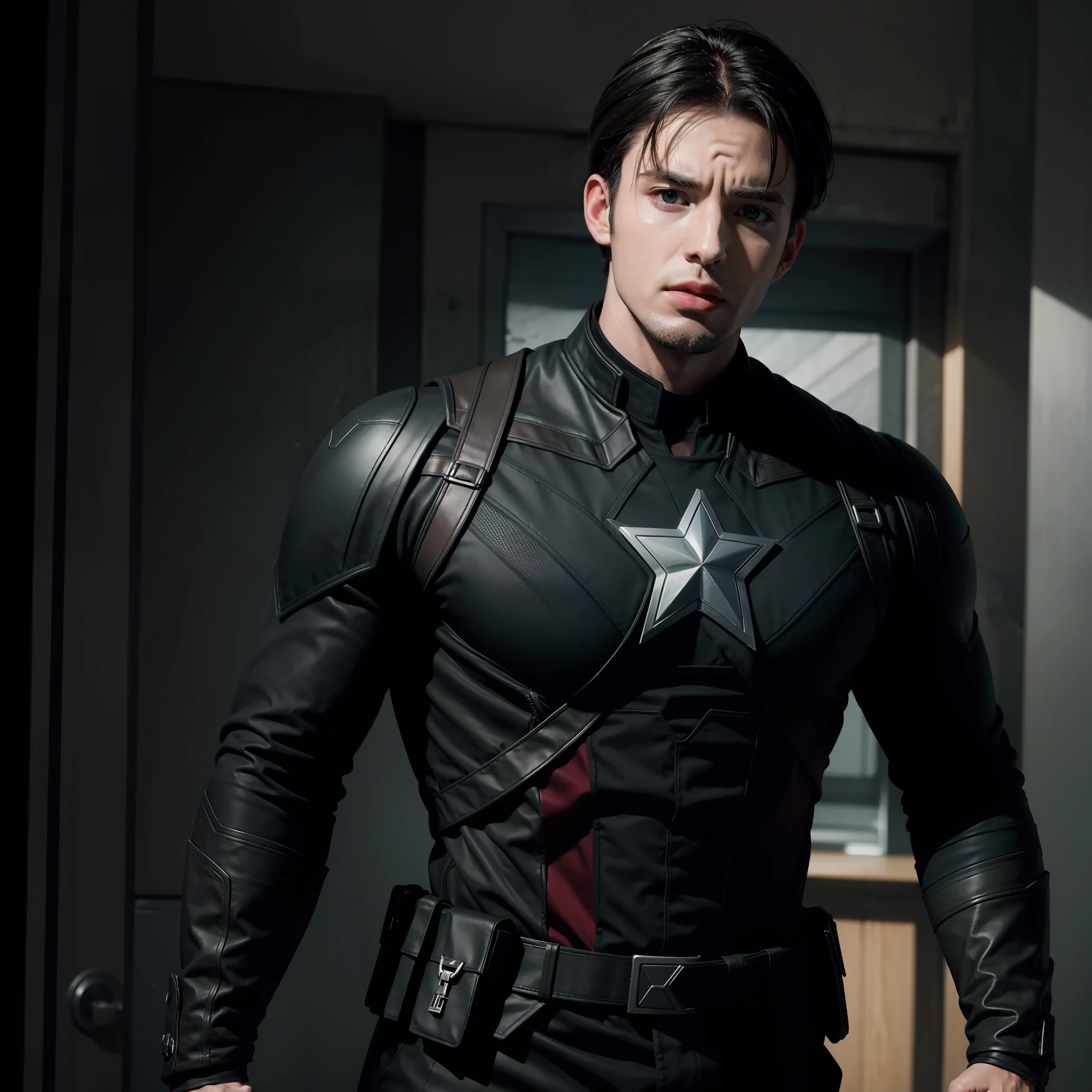 masterpiece, top quality, high resolution, black Captain America, pitch black, black suit, Chris Evans, black