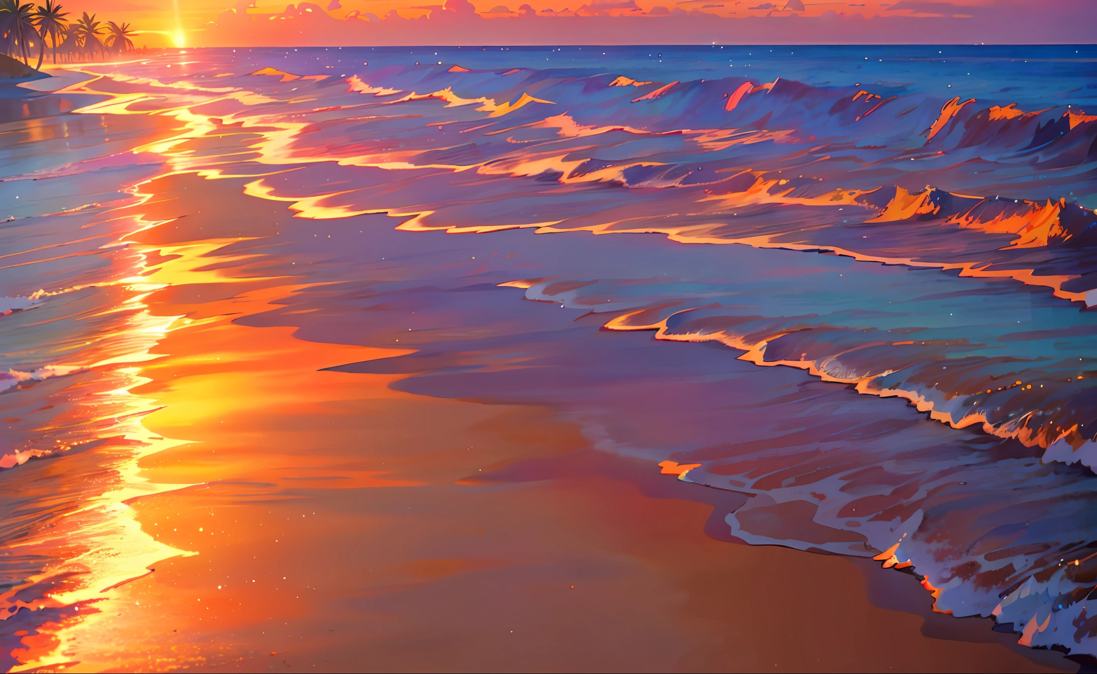 An absolutely mesmerizing sunset on the beach, with a mix of orange, pink, and yellow in the sky. The water is crystal clear, gently kisses the coast, and the white sand is endless. The scene is dynamic and breathtaking, with seagulls soaring high in the sky and palm trees swaying softly. Immerse yourself in the calm atmosphere and let the serenity surround you.