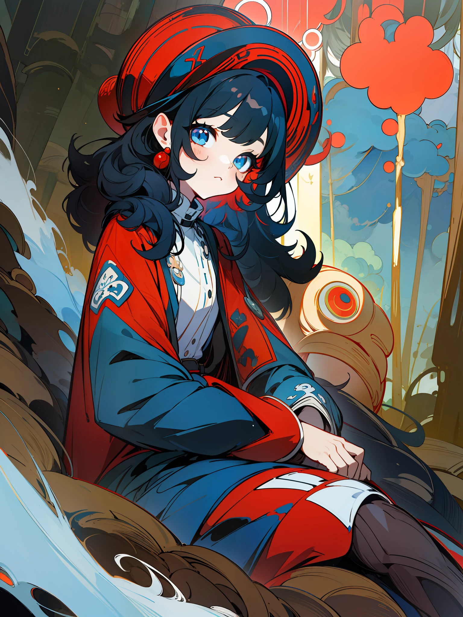 masterpiece, high quality, flat color, 1girl, blue eyes, youthful, black hair, curly hair, red coat, sitting, cute, playful, in forest, illustration, vivi color,