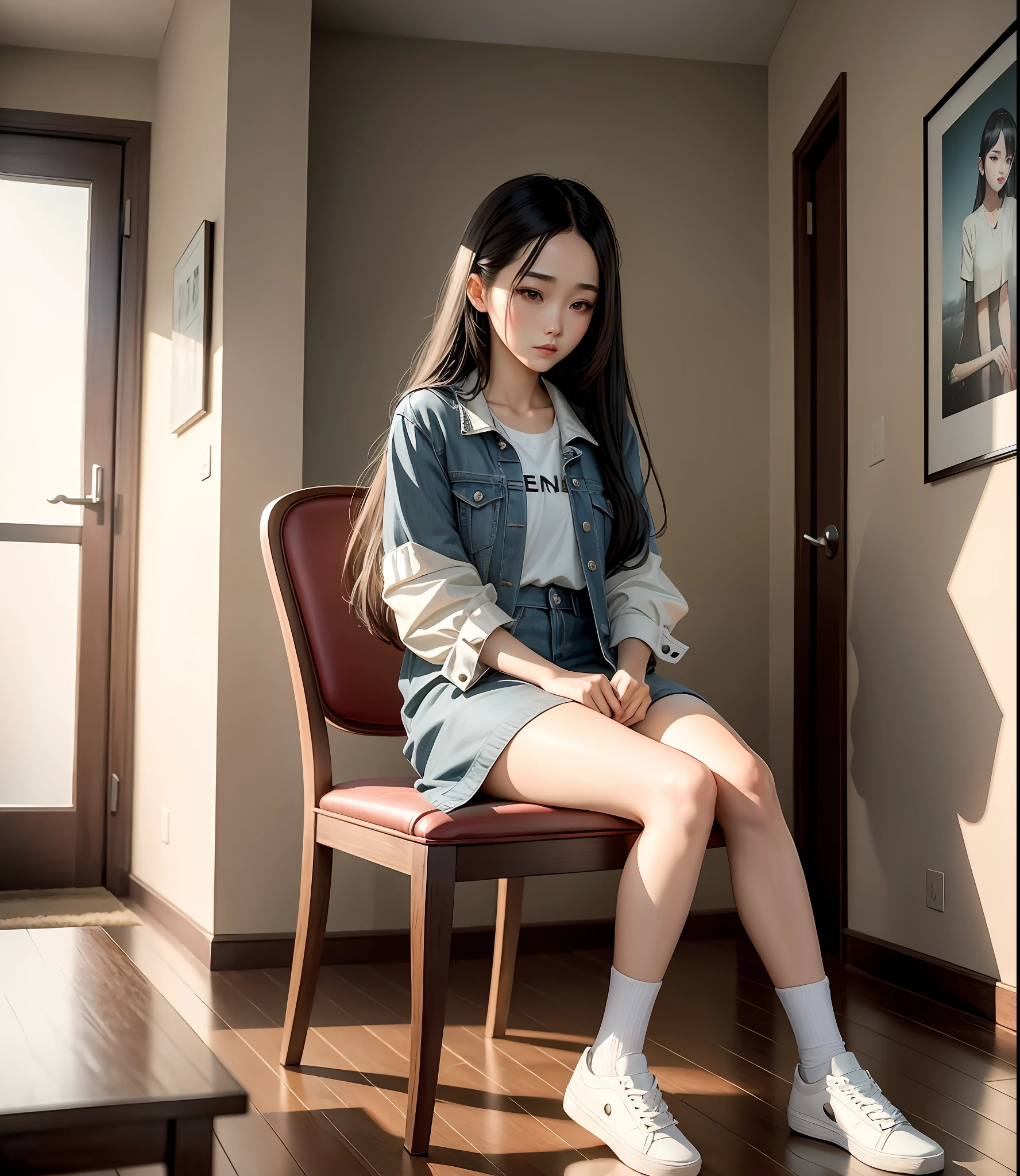 there is a woman sitting on a chair in a room, dang my linh, ulzzang, dilraba dilmurat, korean girl, sakimichan, trending at cgstation, profile pic, very very low quality, 2263539546], korean idol, lofi girl, very low quality