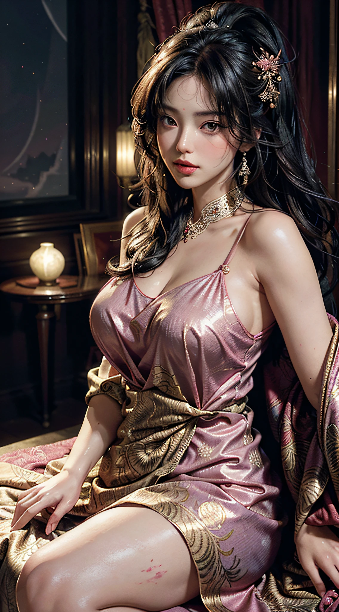 The art depicts a charming woman dressed in a flowing, silky traditional oriental dress, pink, decorated with intricate patterns and bright colors. Her dress drapes elegantly over her curvy figure, accentuating her seductive silhouette. She stood gracefully in the quiet moonlit night, bathed in the soft glow of the moonlight. The scene exudes an ethereal and dreamy atmosphere, with a touch of mystery and sexiness. The graphic style blends watercolor and digital illustration techniques to evoke a refined beauty and charm. The lights are filled with soft moonlight, casting soft highlights and shadows on her charming features. Bare thighs, big breasts, three-dimensional facial features, sitting, upturned legs