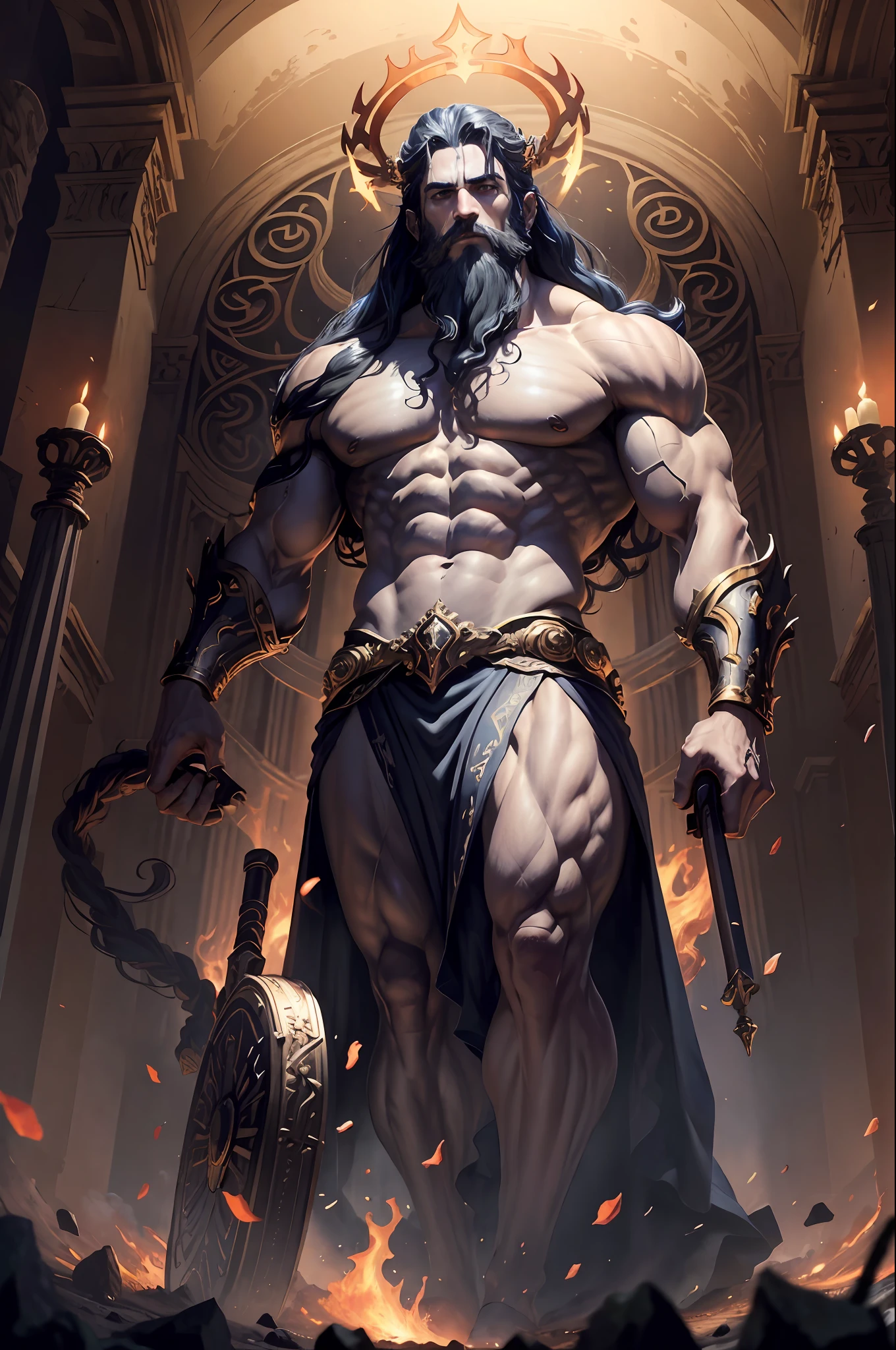 ((Best quality)), ((Masterpiece)), (detailed), depiction of Hades of Greece, (mythology: 1.2), (majestic appearance: 1.1), (gun of the underworld in the hand: 1.2), flowing beard and hair, muscular physique, wearing a crown made of shells, (realm of the underworld: 1.1), (powerful being: 1.2), (hellfire: 1.1), (divine aura: 1.1), (commanding gaze: 1.1), 8k resolution.