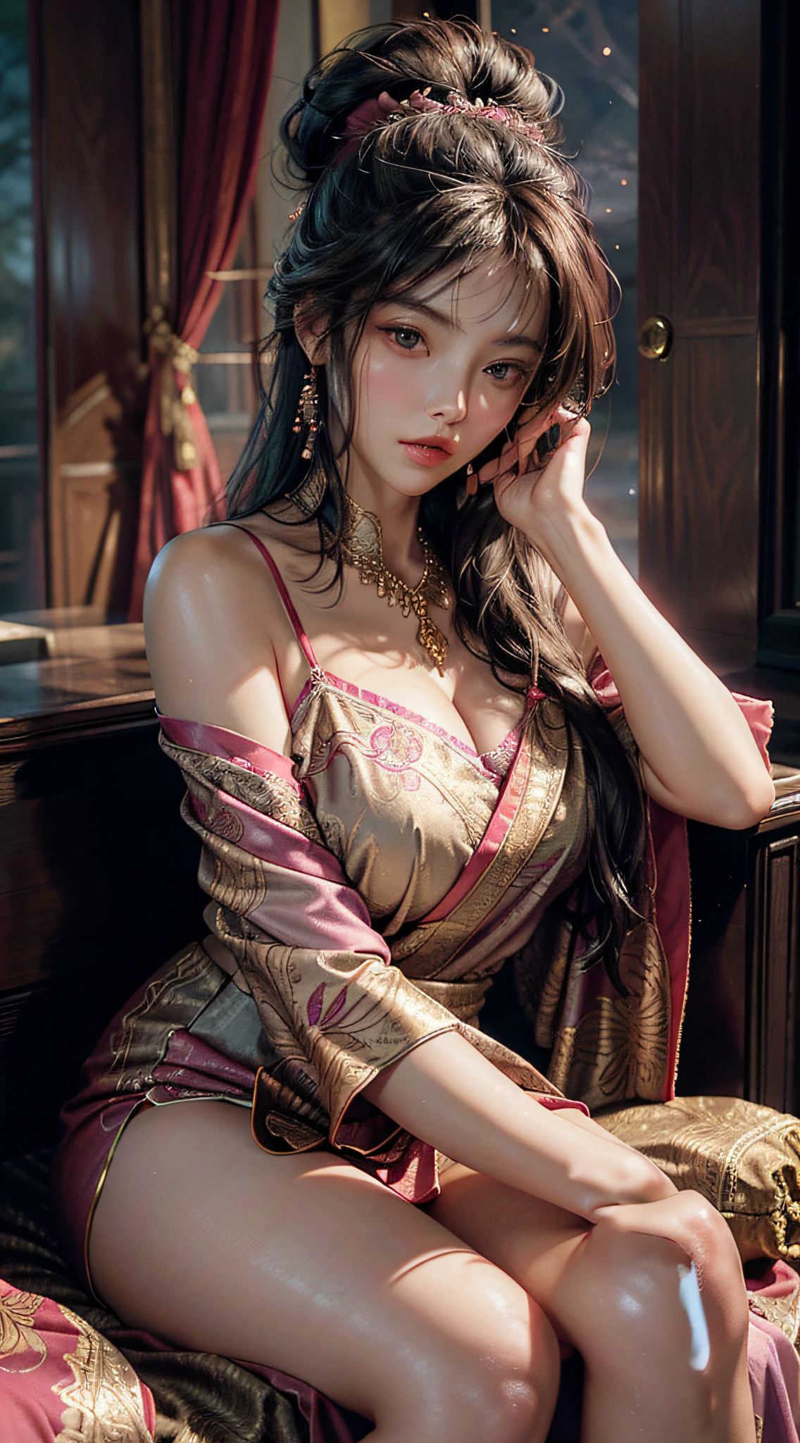 The art depicts a charming woman dressed in a flowing, silky traditional oriental dress, pink, decorated with intricate patterns and bright colors. Her dress drapes elegantly over her curvy figure, accentuating her seductive silhouette. She stood gracefully in the quiet moonlit night, bathed in the soft glow of the moonlight. The scene exudes an ethereal and dreamy atmosphere, with a touch of mystery and sexiness. The graphic style blends watercolor and digital illustration techniques to evoke a refined beauty and charm. The lights are filled with soft moonlight, casting soft highlights and shadows on her charming features. Bare thighs, big breasts, three-dimensional facial features, sitting, upturned legs