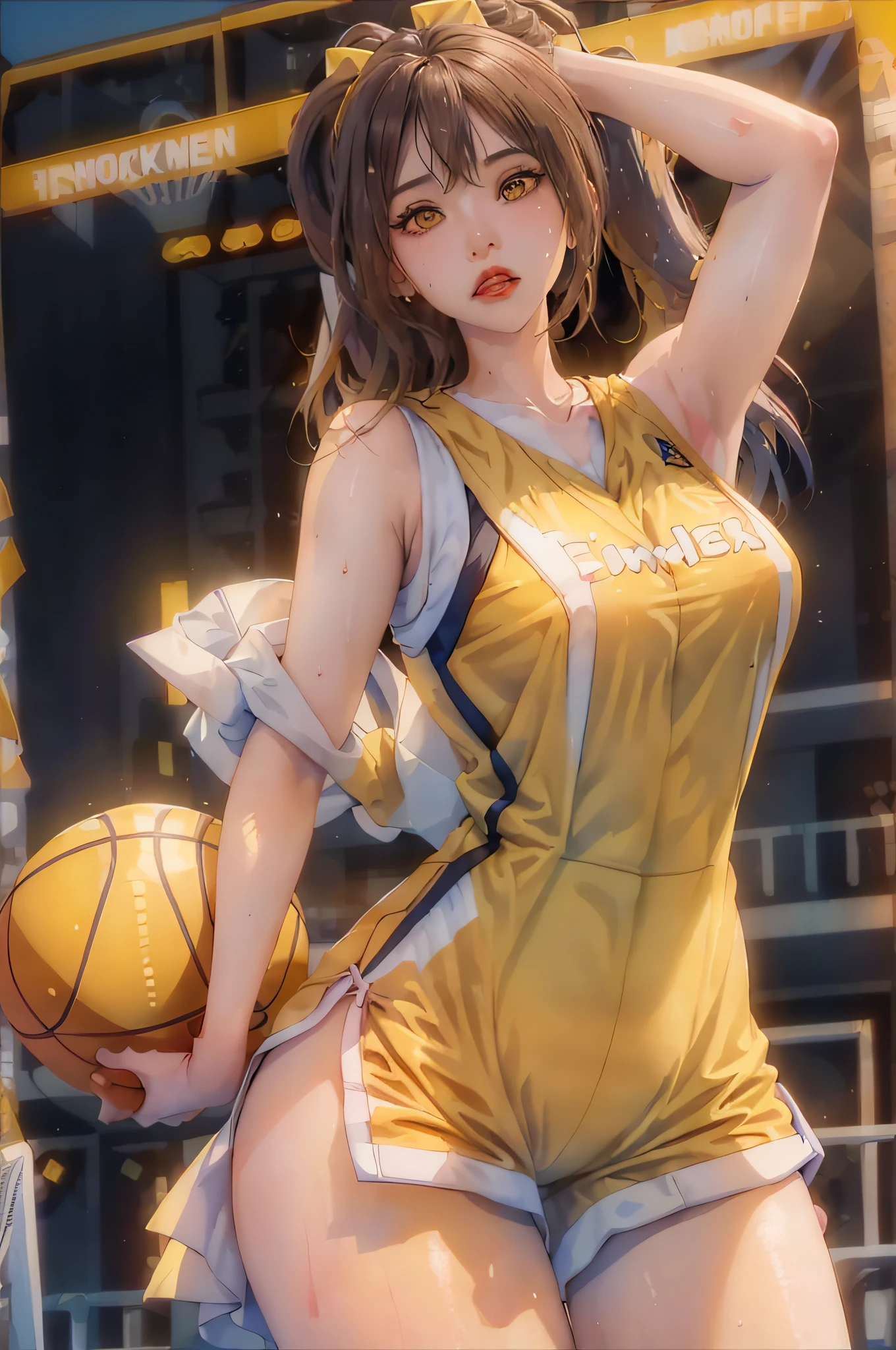 Masterpiece: 1.2, best quality), realistic, (real picture, rich details details, depth of field), (1girl, solo), makeup, cleft lip, high detail, perfect face shape, (big breasts: 1.4), (skindentation), thick thighs, wide buttocks, Thin waist, tall, coral, red lips, red eyes, ponytail, (((((basketball girl, transparent yellow basketball suit)))), (sweat: 1.2), (wet), sexy, blush, sweaty